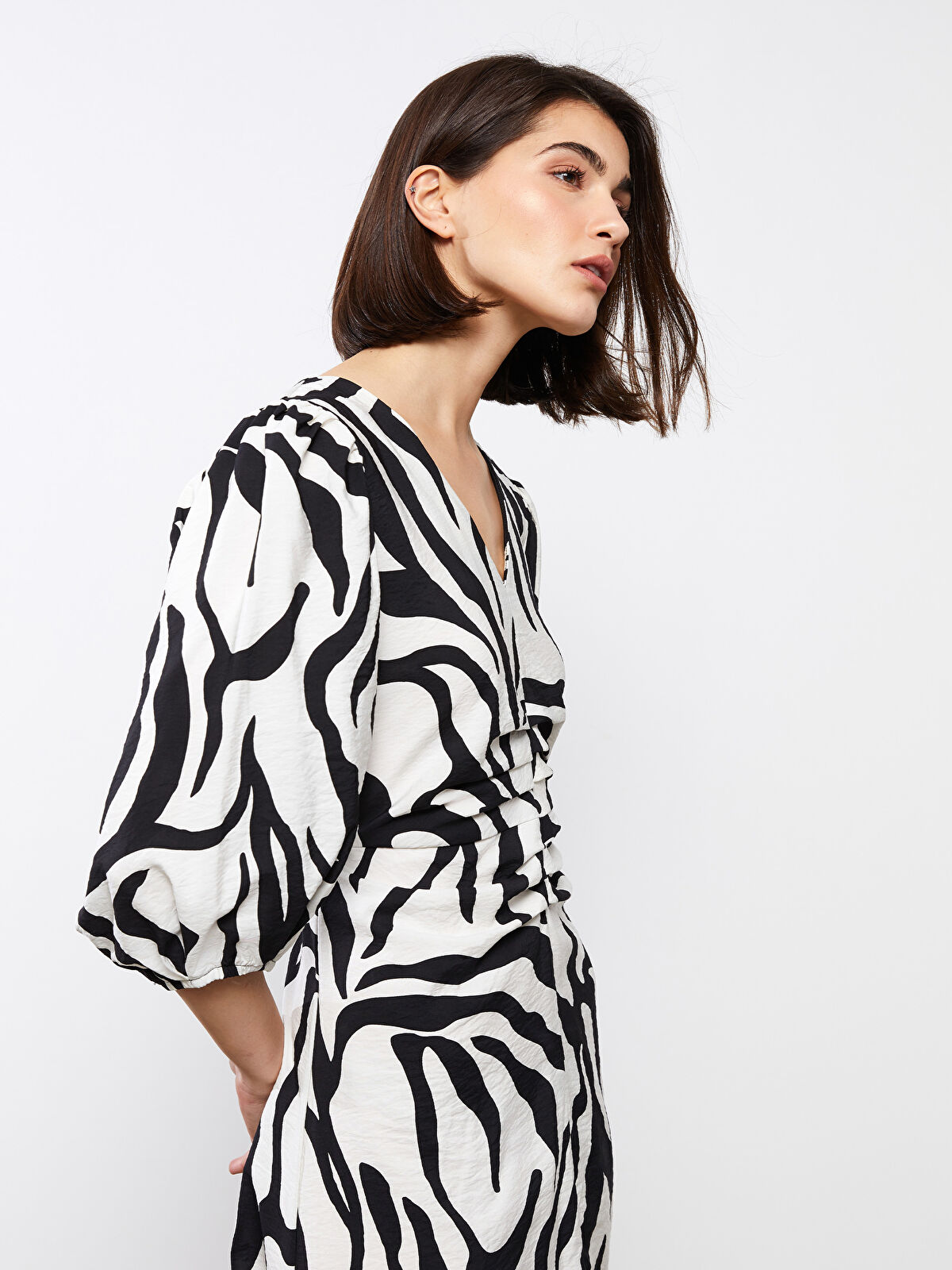 LCWAIKIKI Classic V-Neck Patterned Long Sleeve Women's Dress