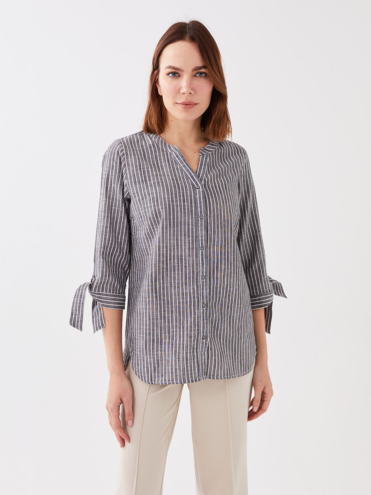 LCW Grace Women's Round Neck Striped Poplin Shirt -S3AD36Z8