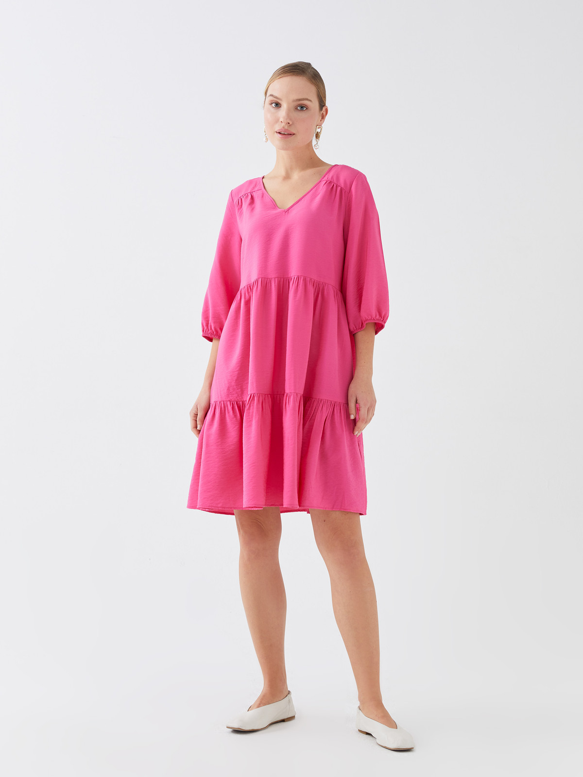 イッシー LCWAIKIKI Classic Fuşya Düz Standart & Regular V Yaka Midi Elbise
