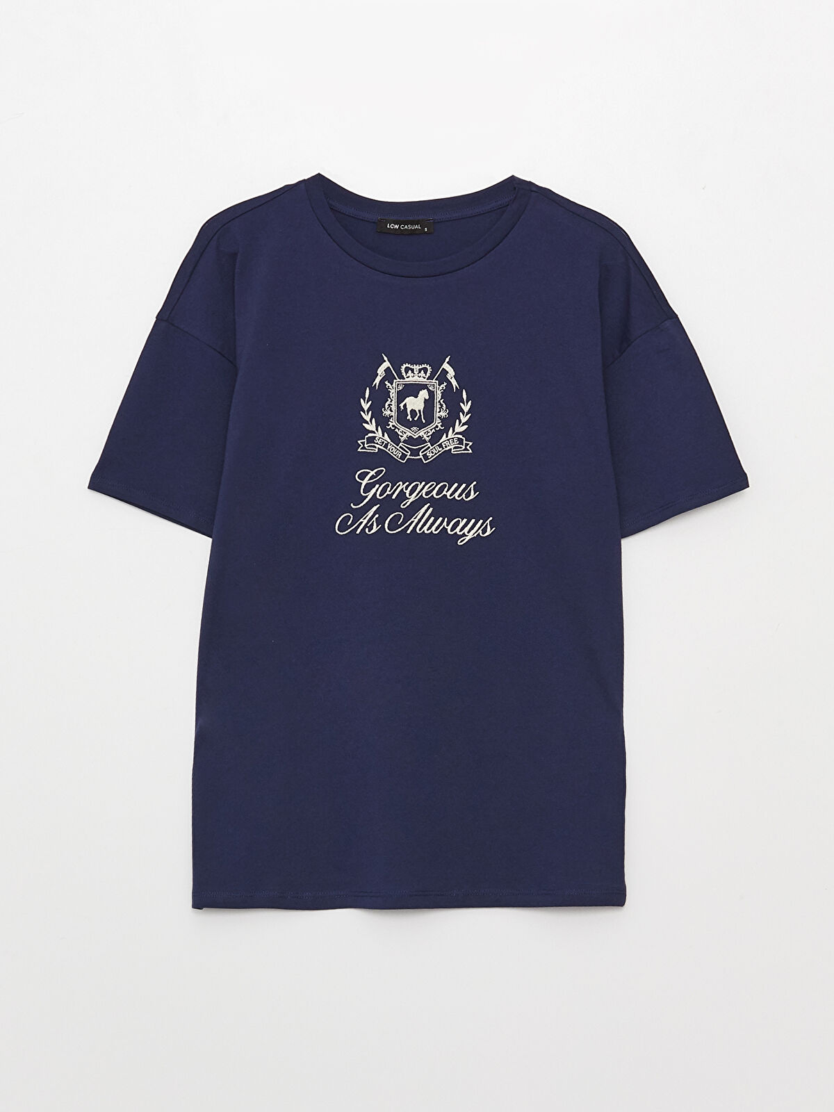 ★WAIKEI★ Star Logo Round Neck Short Sleeve T-Shirt Light G LCW Vision Crew Neck Embroidered Short Sleeve Women's T