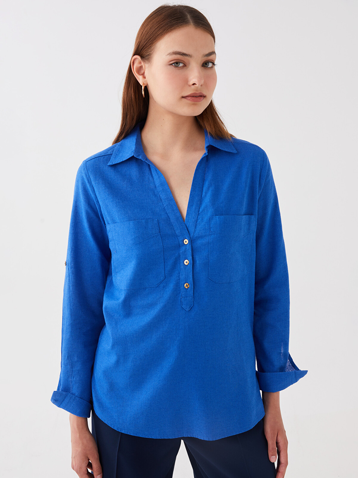 SOUTHBLUE Shirt Collar Plain Long Sleeve Linen Blend Women's