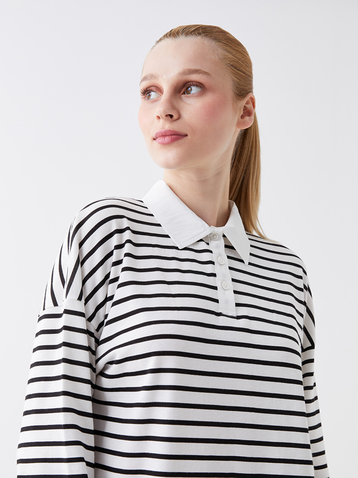 LCW Modest Polo Yaka Çizgili Uzun Kollu Kadın Tunik - S3EL35Z8-LEG