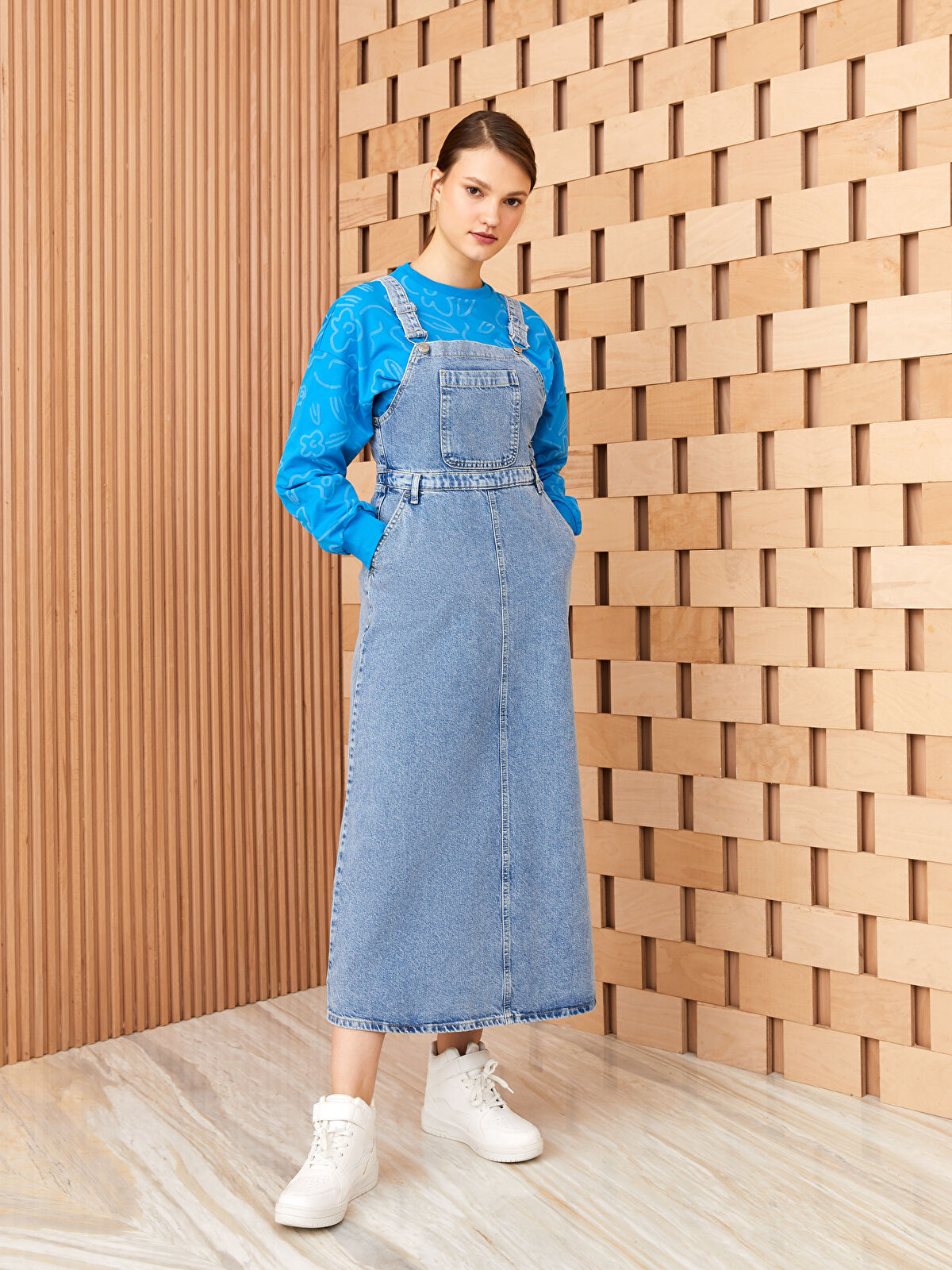 LCW Modest Kare Yaka Düz Askılı Kadın Jean Elbise -S3EP37Z8-507 | LCW