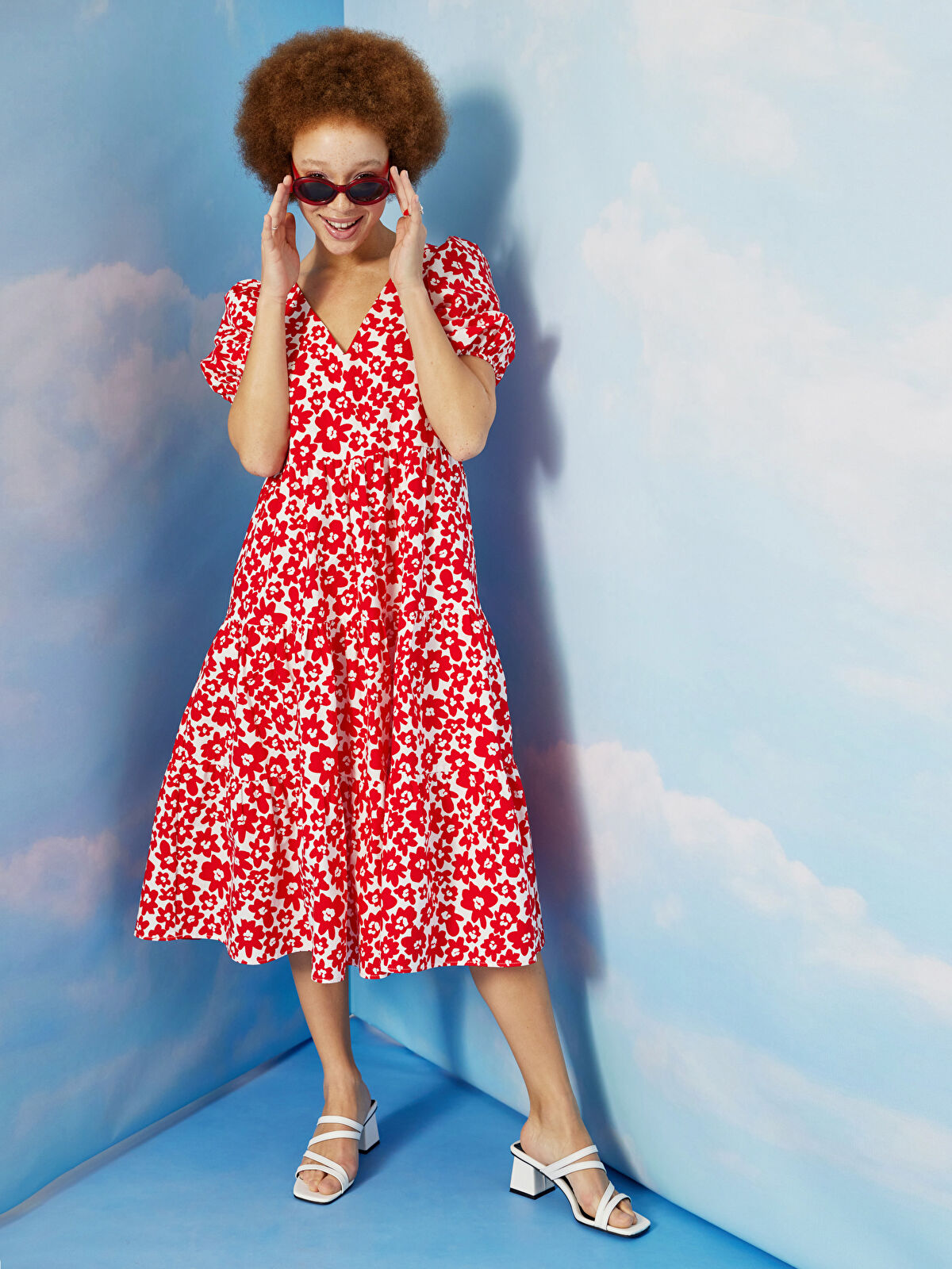 【関税込み】Semper Dresses XSIDE V Neck Flower Short Sleeve Poplin Women's Dress