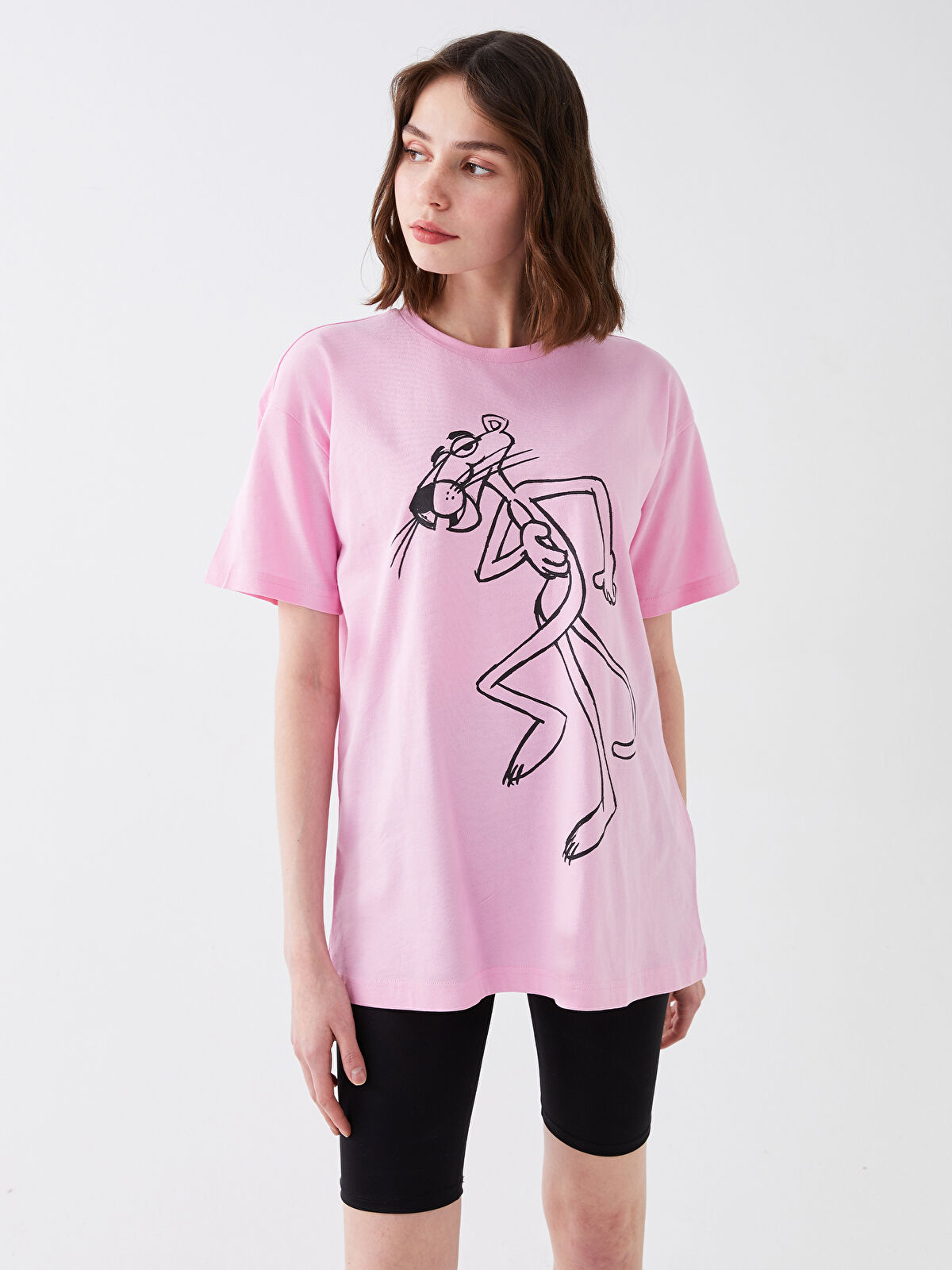 XSIDE Crew Neck Pink Panther Printed Short Sleeve Women's T XSIDE Crew Neck Pink Panther Printed Short Sleeve Women's T