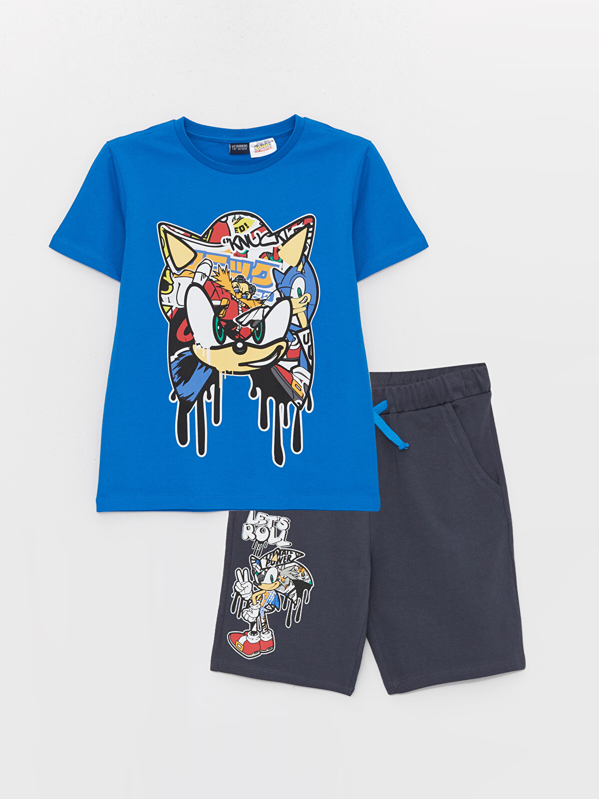 LCW Kids Mavi Bisiklet Yaka Sonic Baskılı Kısa Kollu Erkek Çocuk