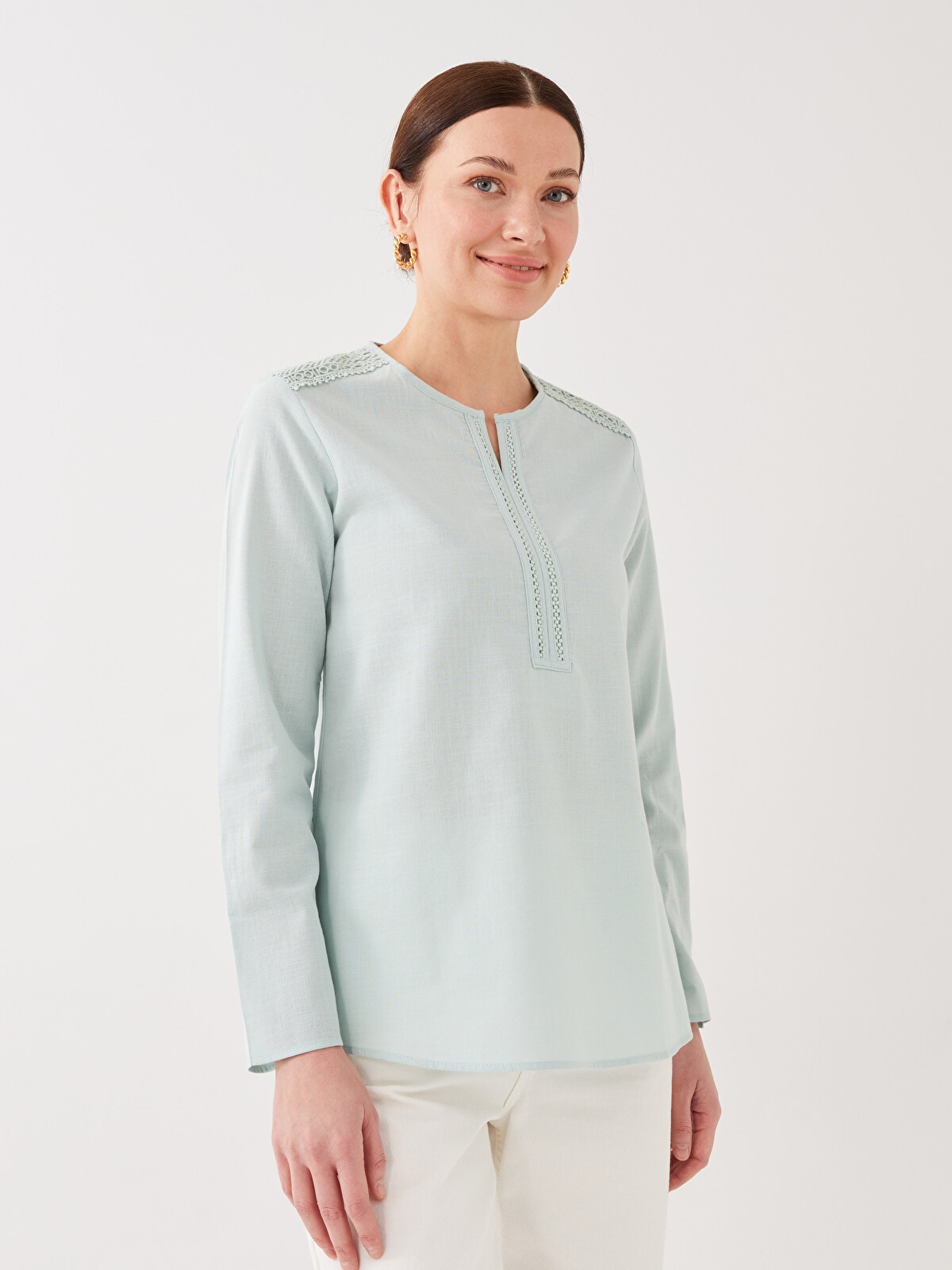 LCW Grace Henley Neckline Lace Detailed Long Sleeve Poplin Women's