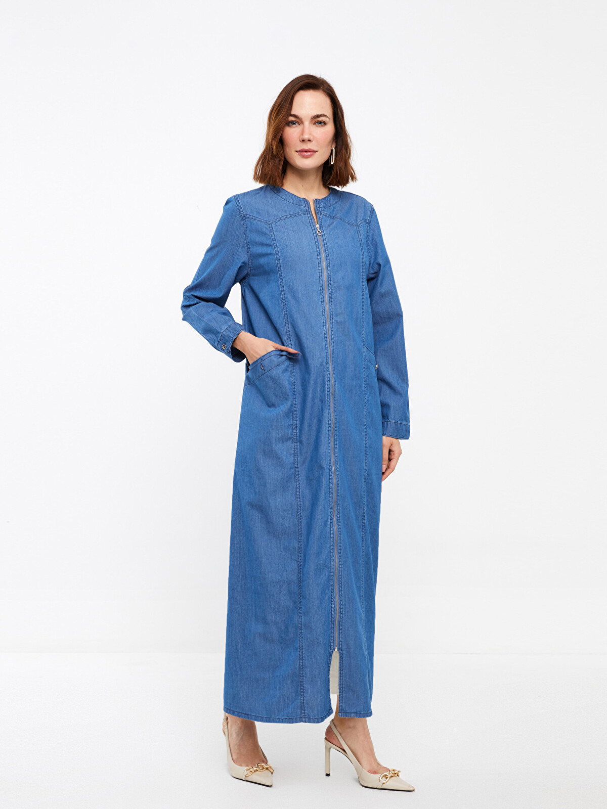 LCW Grace Mavi Denim Düz Uzun Ferace - S3FV33Z8-563 | LCW