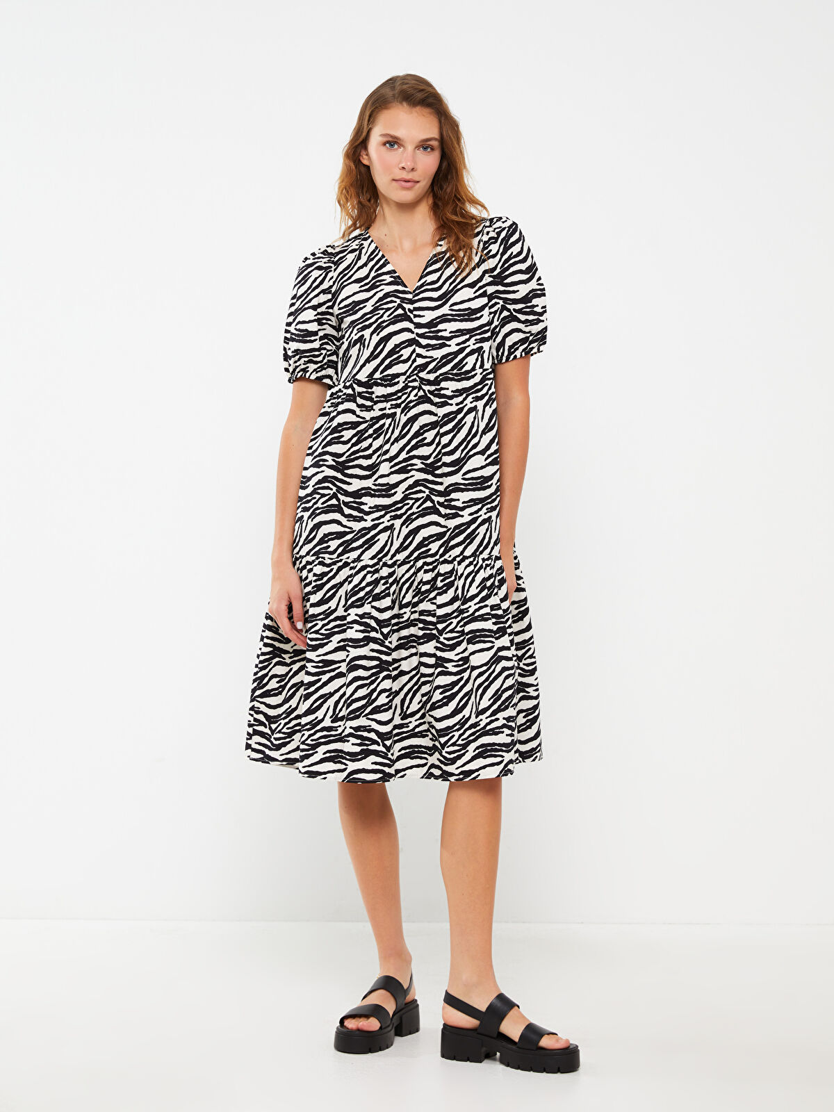 V-Neck Patterned Balloon Sleeve Women's Dress -S3GJ51Z8-LU7