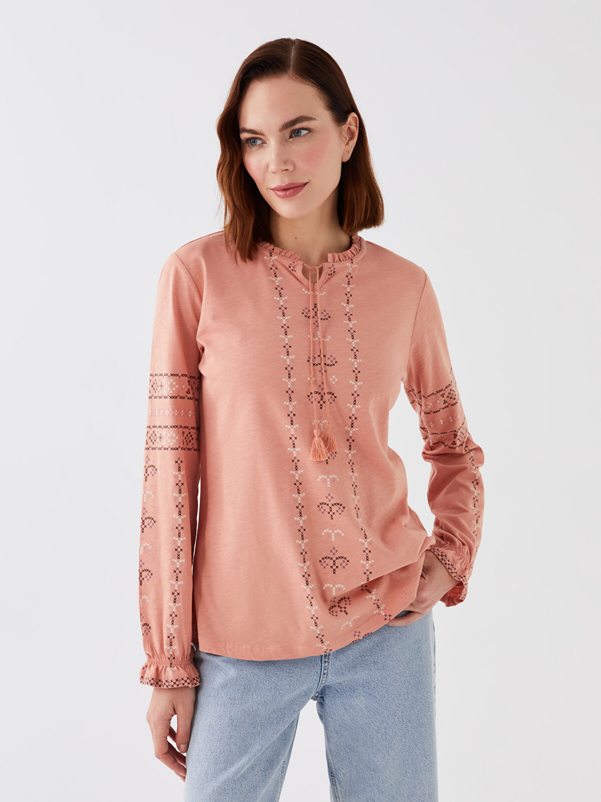 LCW Grace Tie Neck Printed Long Sleeve Women's Blouse - S3GL06Z8