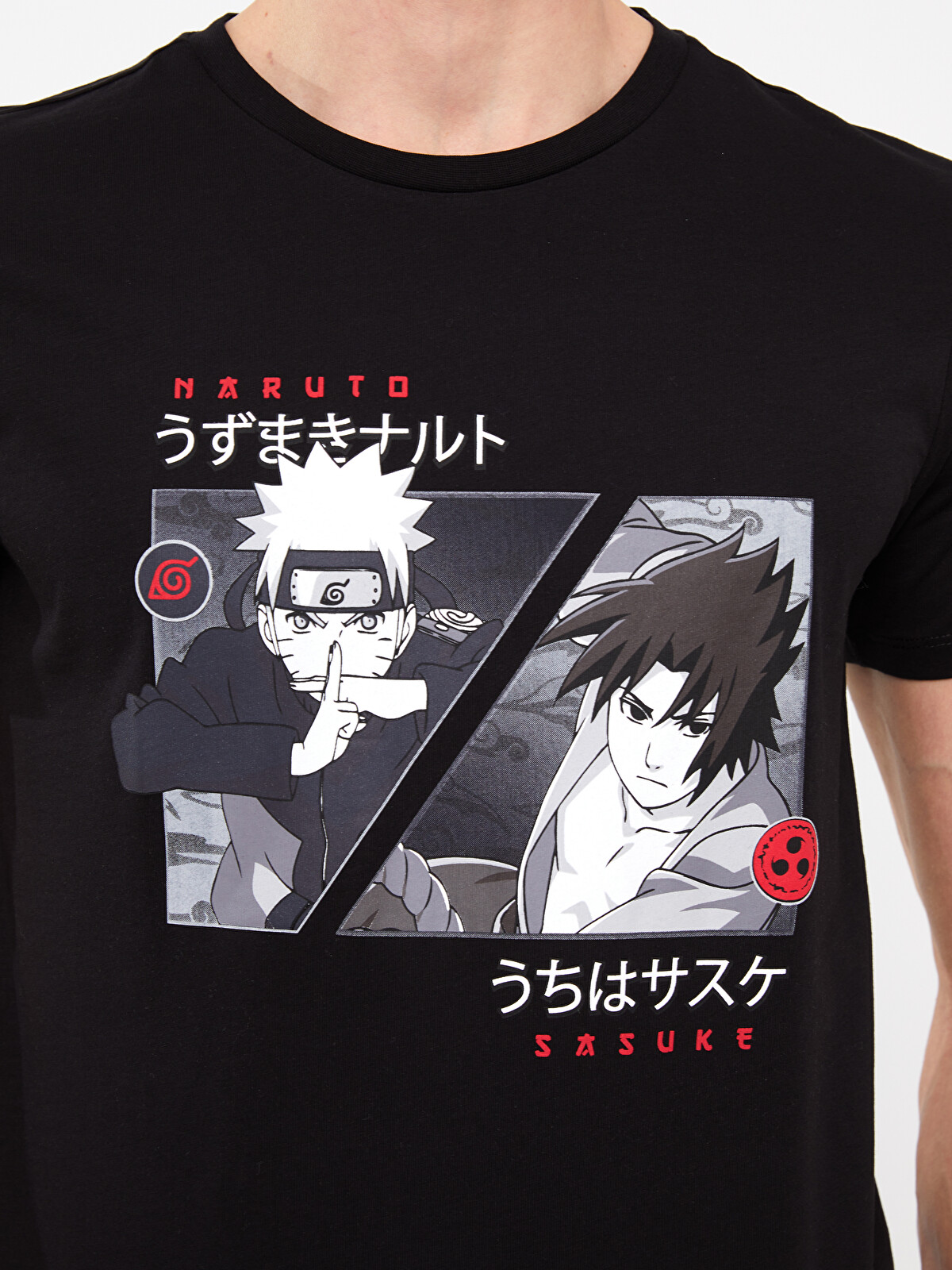 XSIDE Siyah Bisiklet Yaka Kısa Kollu Naruto Baskılı Penye Erkek
