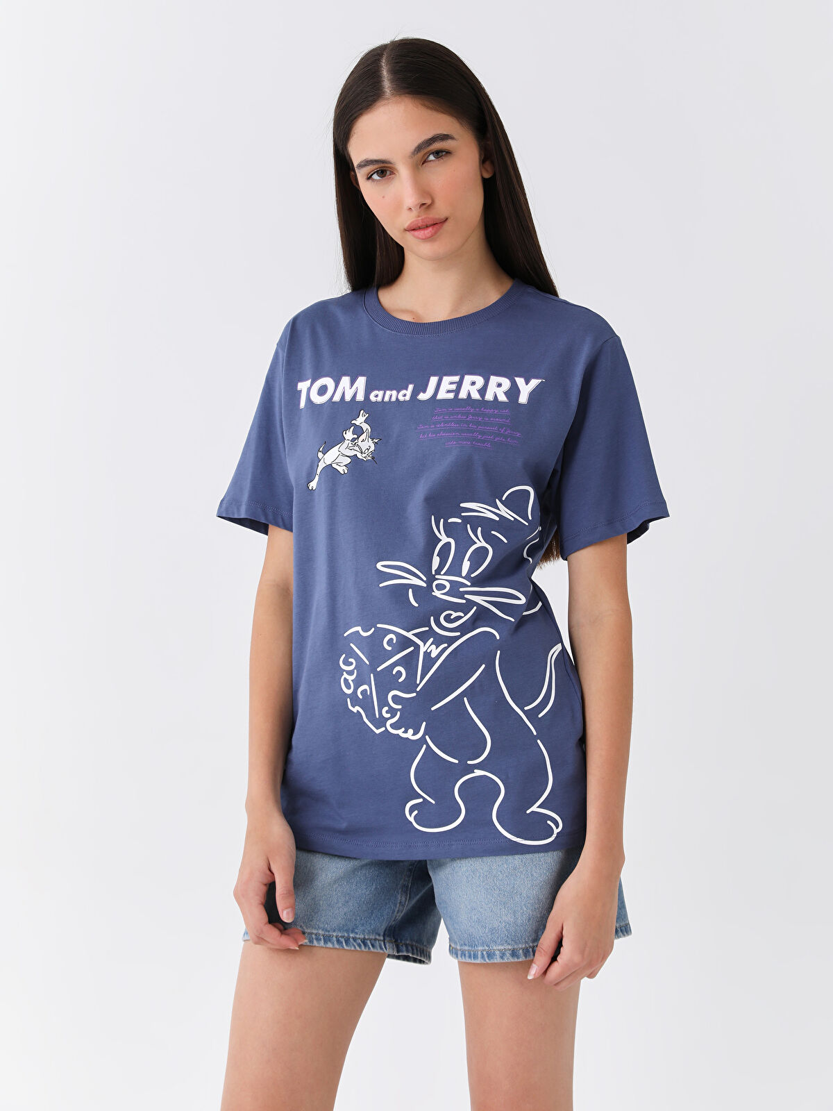 tomoページ LCW Vision Mor Bisiklet Yaka Tom & Jerry Baskılı Oversize Kadın