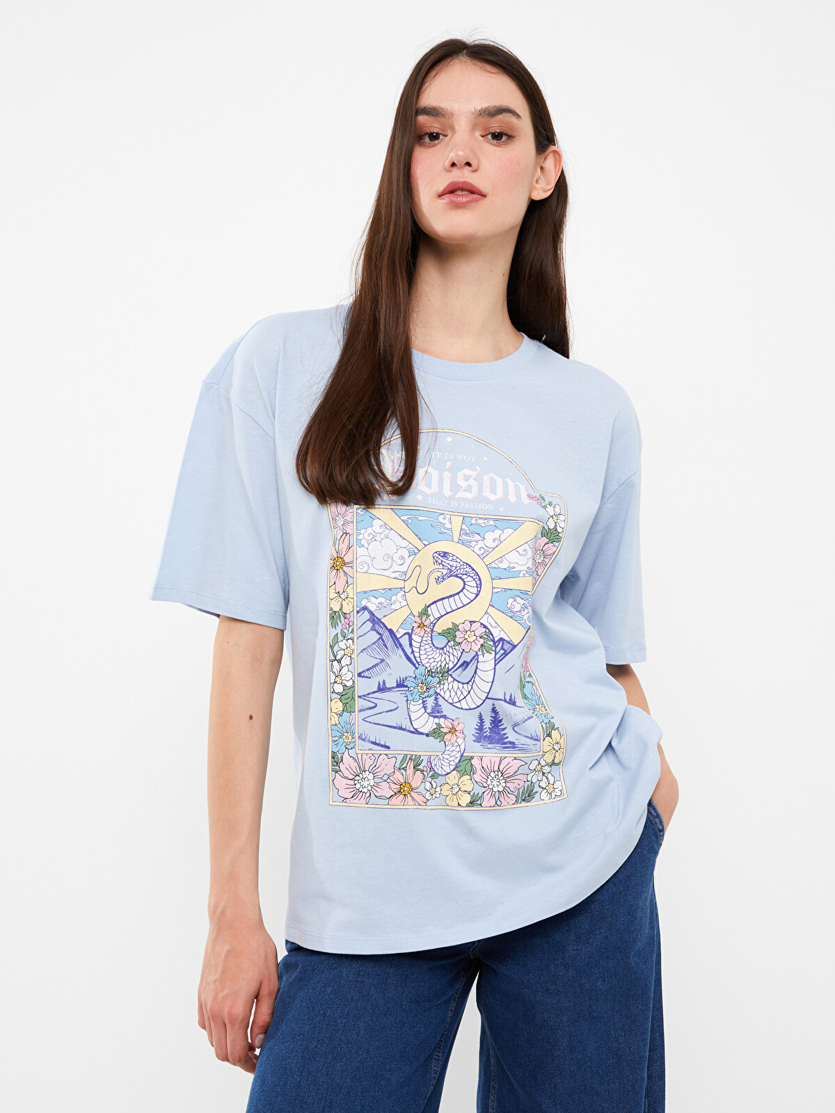 LCW Vision Crew Neck Printed Short Sleeve Oversize Women's T-Shirt