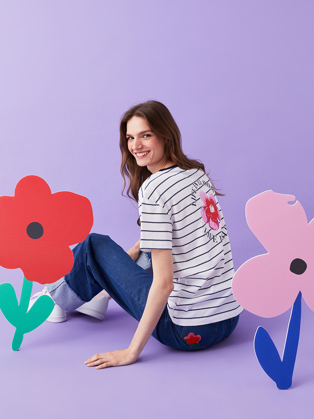 LCW baby Mavi Bisiklet Yaka Çizgili Kısa Kollu Kadın Tişört Anne