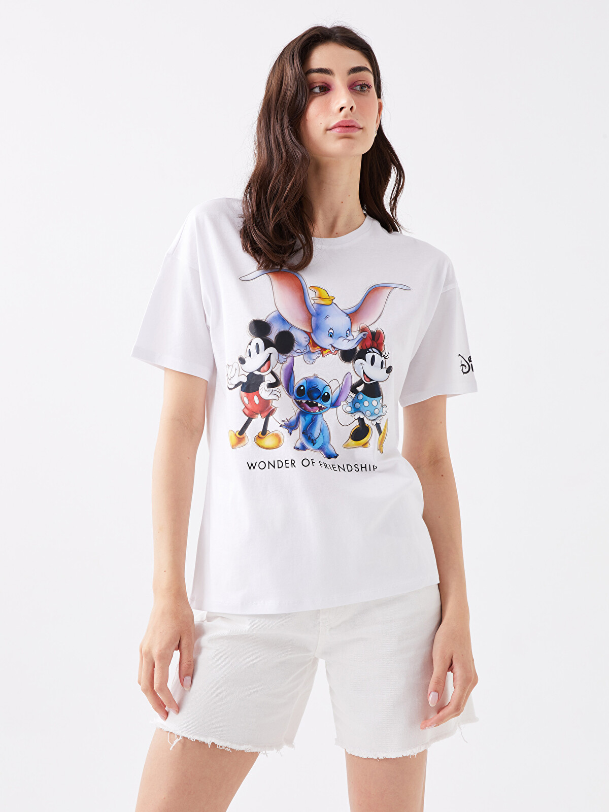 LCW Vision Beyaz Bisiklet Yaka Mickey Mouse Baskılı Kısa Kollu