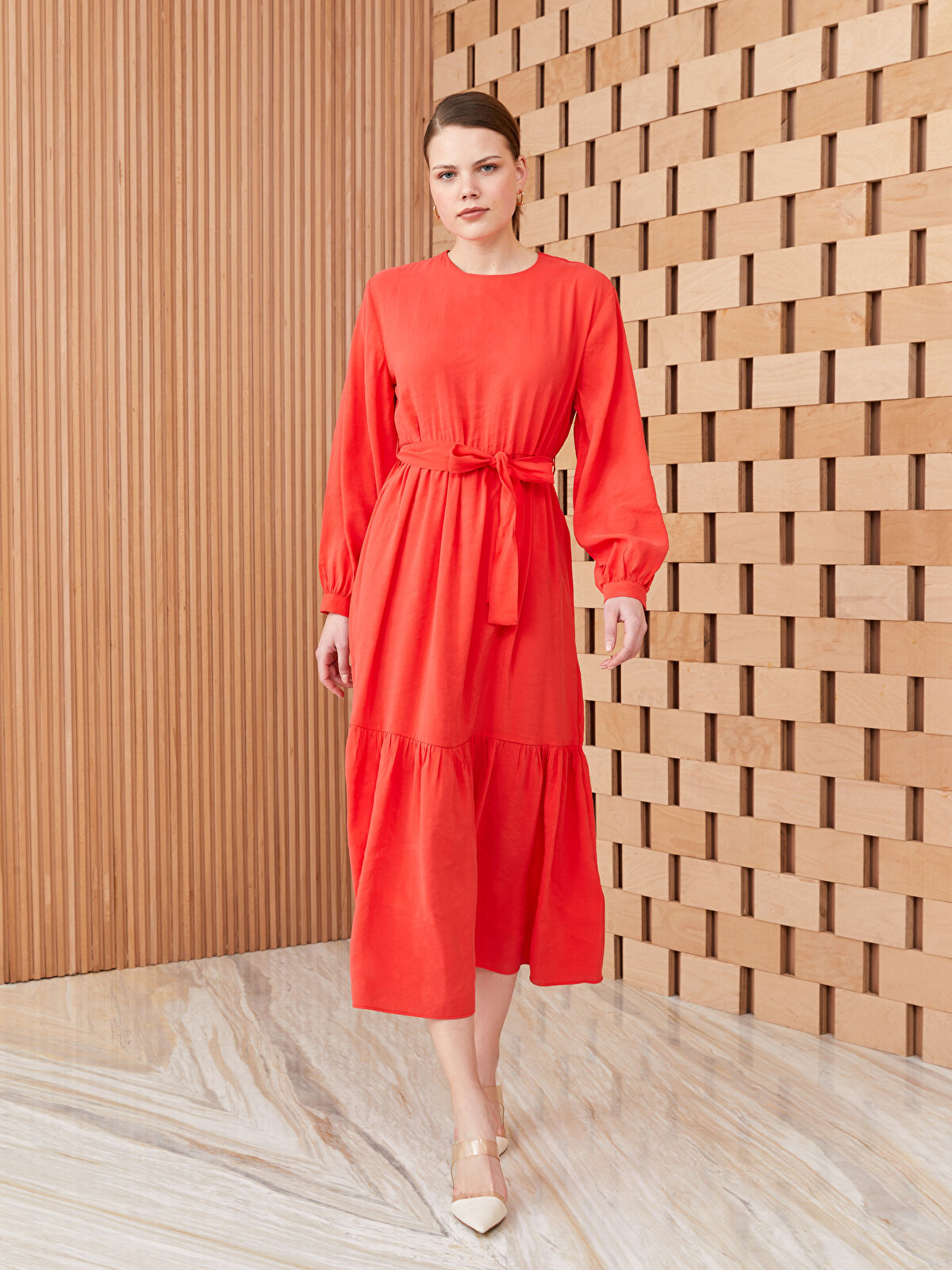 LCW Modest Bisiklet Yaka Düz Uzun Kollu Elbise -S3HT95Z8-SWY | LCW