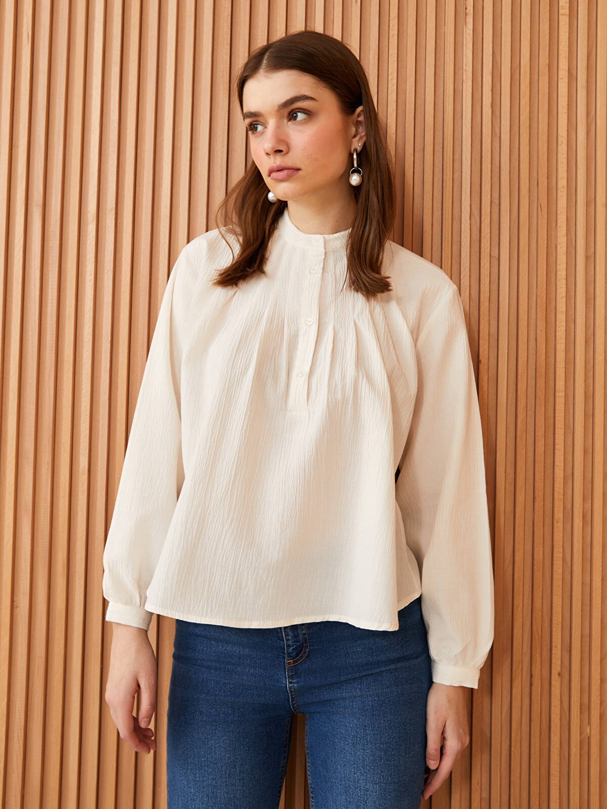 kiki291708オーダーページ-2 LCW Modest Hakim Yaka Düz Uzun Kollu Oversize Krinkle Kadın Bluz