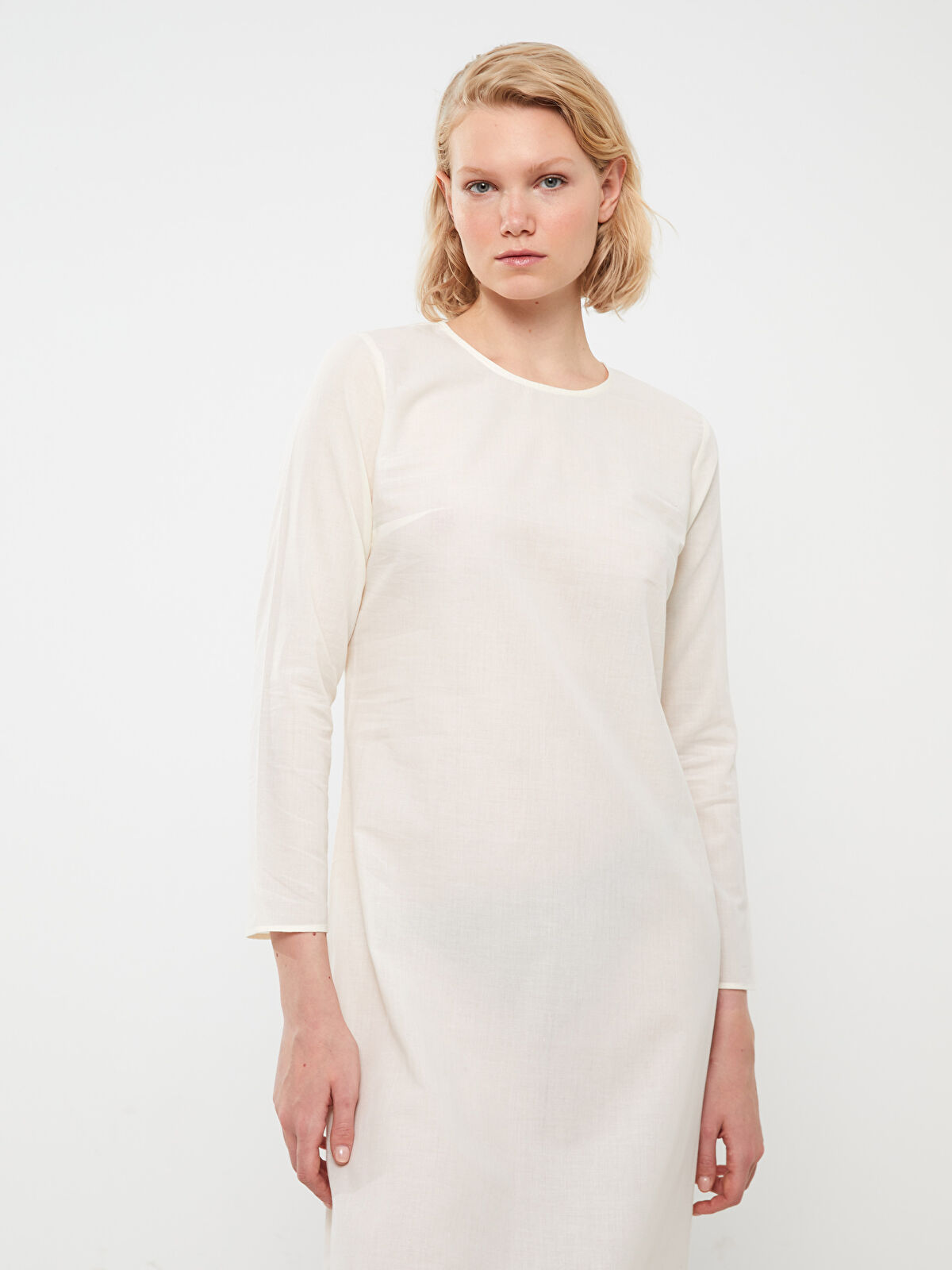 LCW Modest Ekru Bisiklet Yaka Düz Uzun Kollu Kadın Elbise Astarı