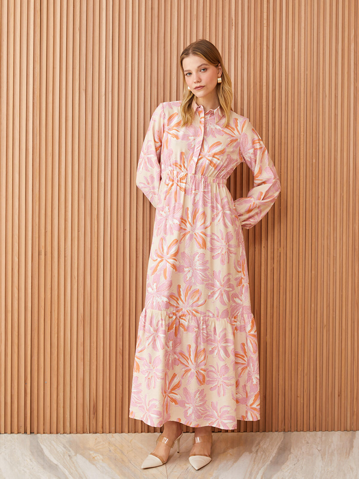 LCW Modest Floral Long Sleeve Women's Shirt Dress - S3IA55Z8-LRA