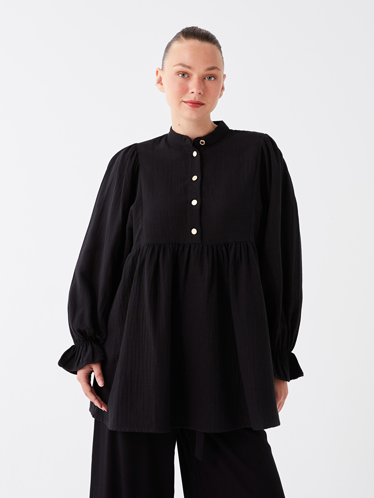 LCW Modest Siyah Hakim Yaka Düz Uzun Kollu Oversize Müslin Kadın