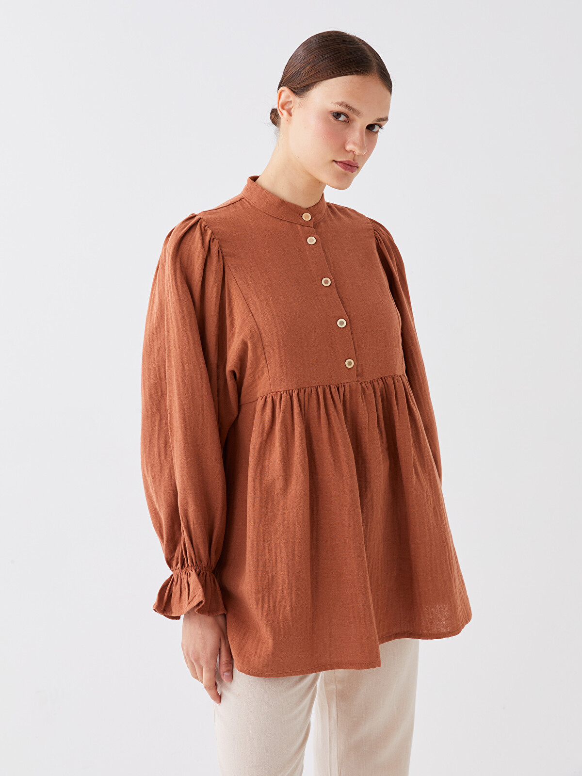 LCW Modest Grandad Collar Plain Long Sleeve Oversize Muslin