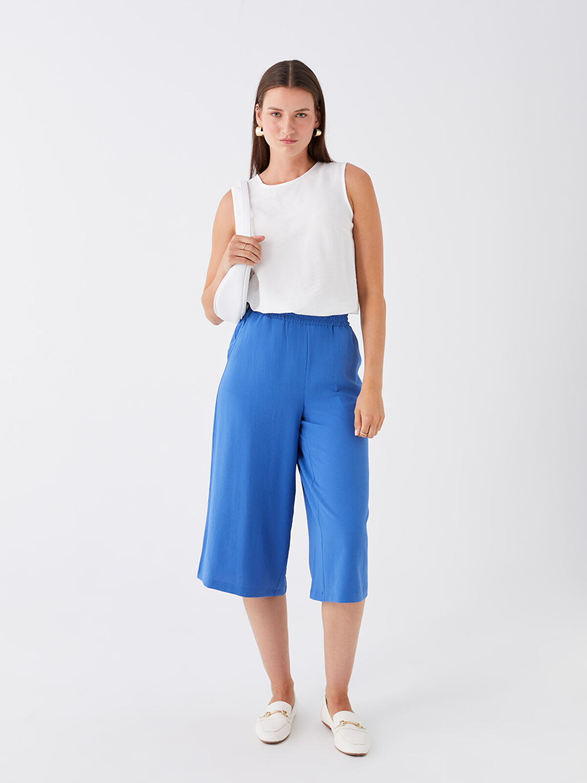 LCWAIKIKI Basic Mavi Beli Lastikli Düz Aerobin Kadın Kapri