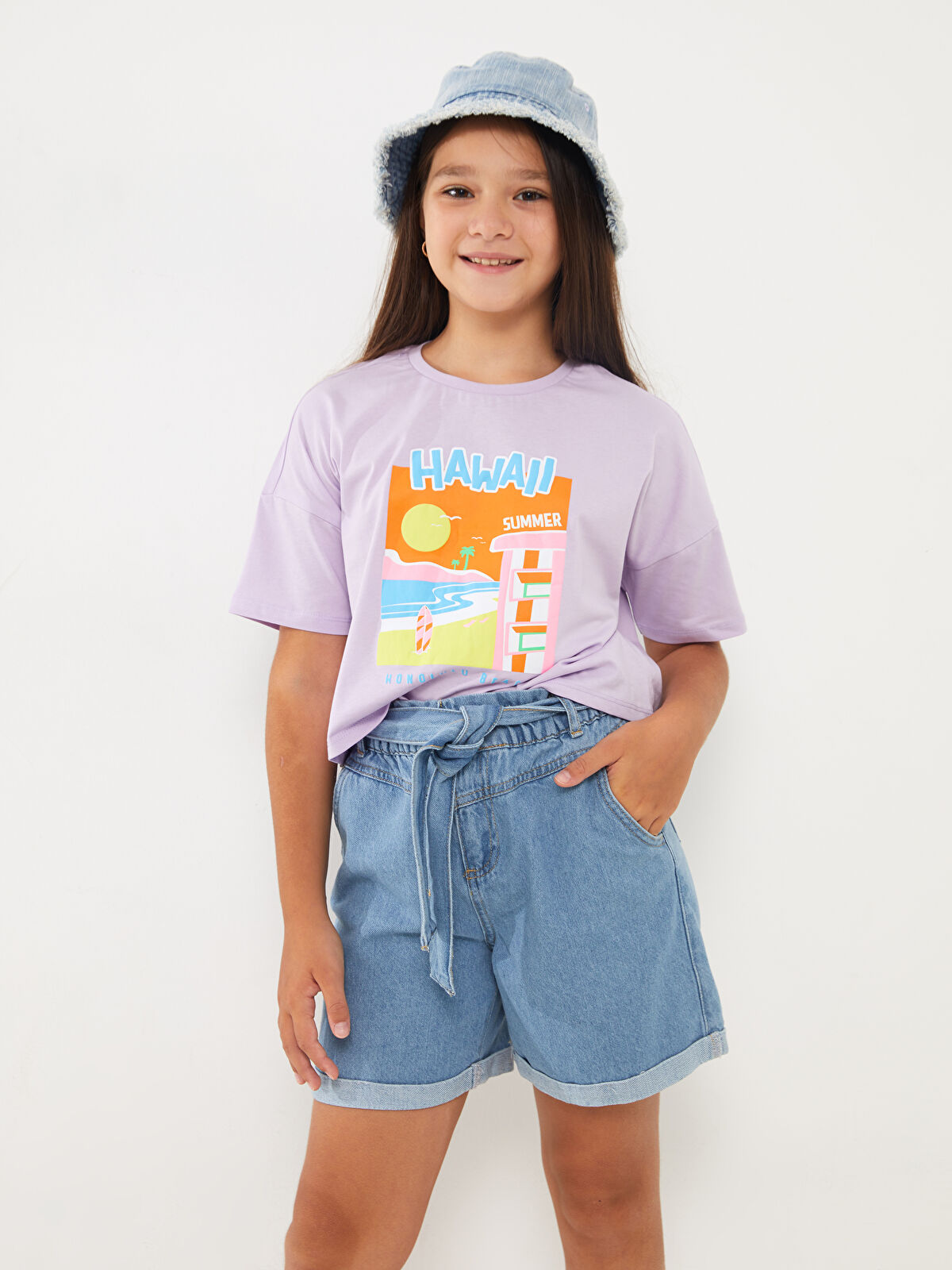 LCW Kids Lila Bisiklet Yaka Baskılı Kısa Kollu Kız Çocuk Crop