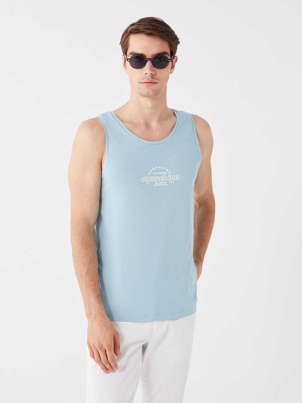 $ページ XSIDE Mavi Bisiklet Yaka Baskılı Penye Erkek Kolsuz Tişört