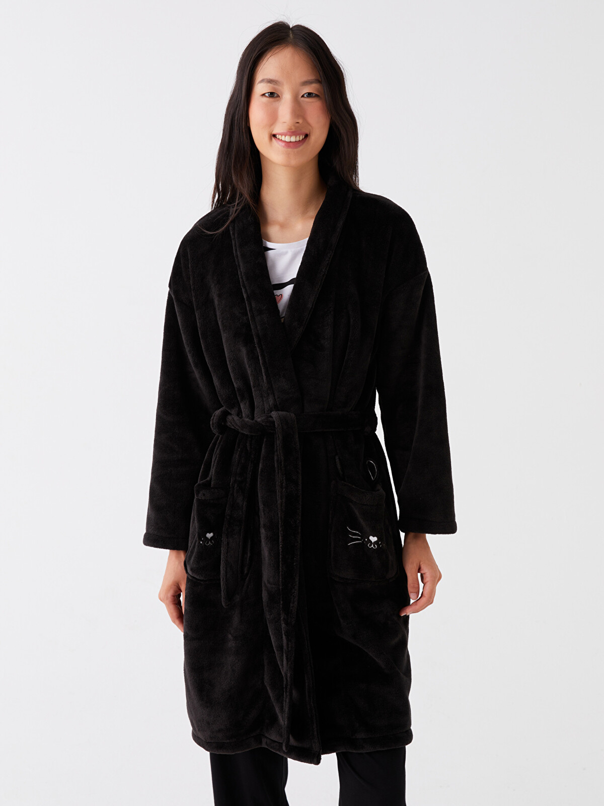 SUKU  DRESSING GOWN ブラック S Ｍ LCW DREAM Shawl Collar Embroidered Long Sleeve Women's Plush