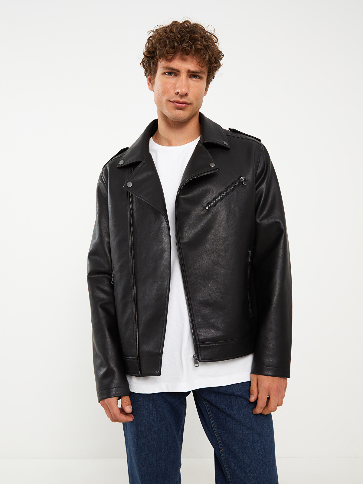 XSIDE Slim Fit Biker Yaka Erkek Deri Görünümlü Mont - W30474Z8-CVL