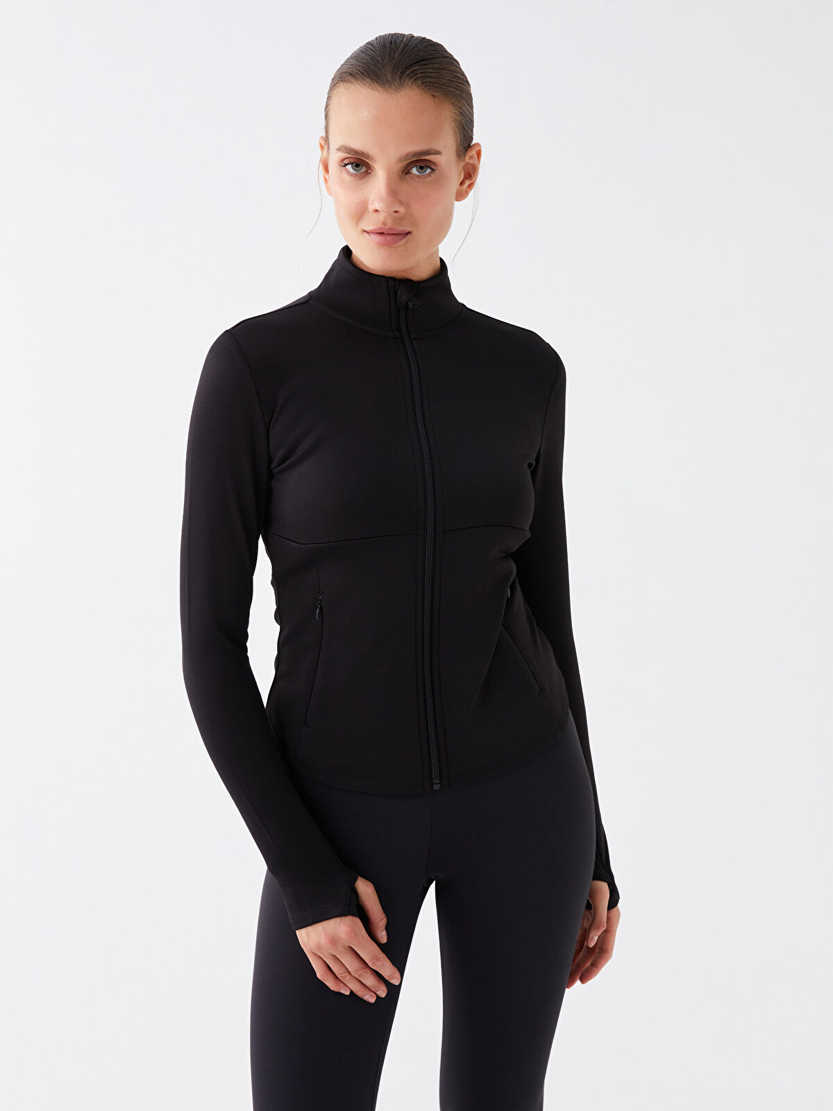 XSIDE ACTIVE Siyah Kadın Dik Yaka Düz Fermuarlı Sweatshirt