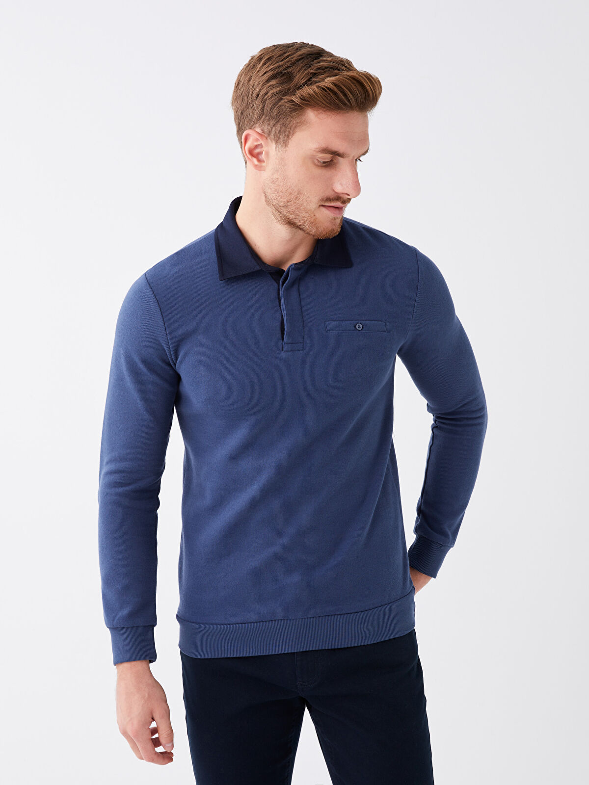 LCWAIKIKI Classic İndigo Polo Yaka Uzun Kollu Erkek Sweatshirt