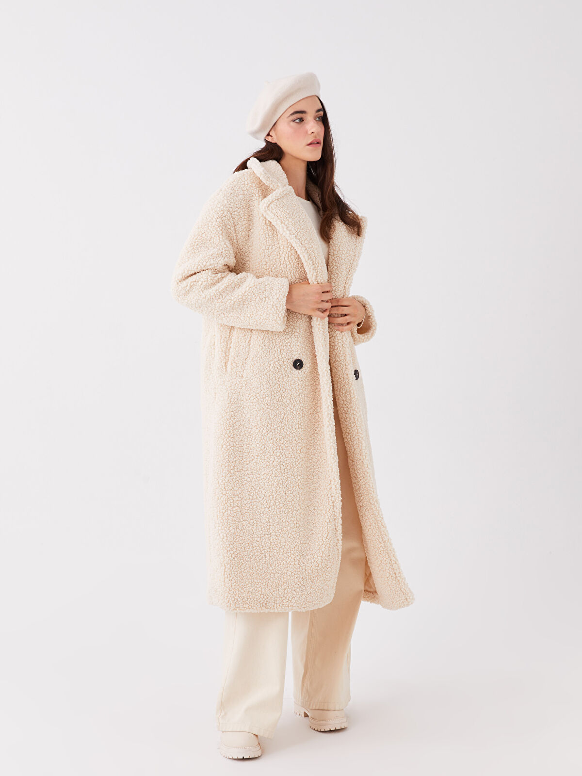 LCW Vision Jacket NeckPlain Long-Sleeve Women's Teddy Coat