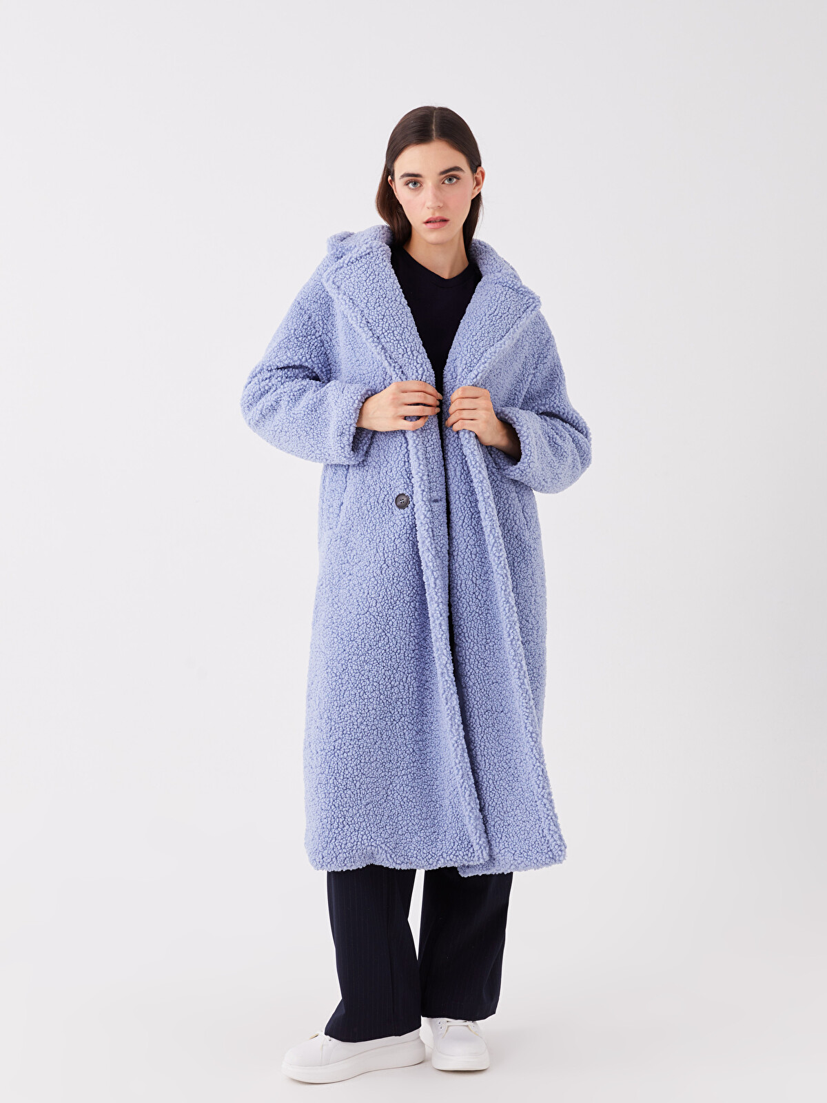 LCW Vision Jacket NeckPlain Long-Sleeve Women's Teddy Coat