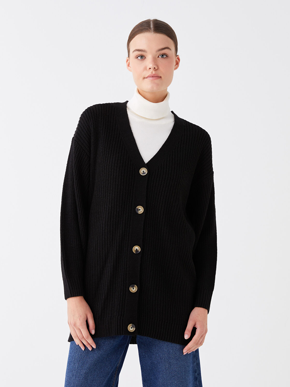 LCW Modest Siyah V Yaka Oversize Kadın Triko Hırka - W32776Z8-RQL