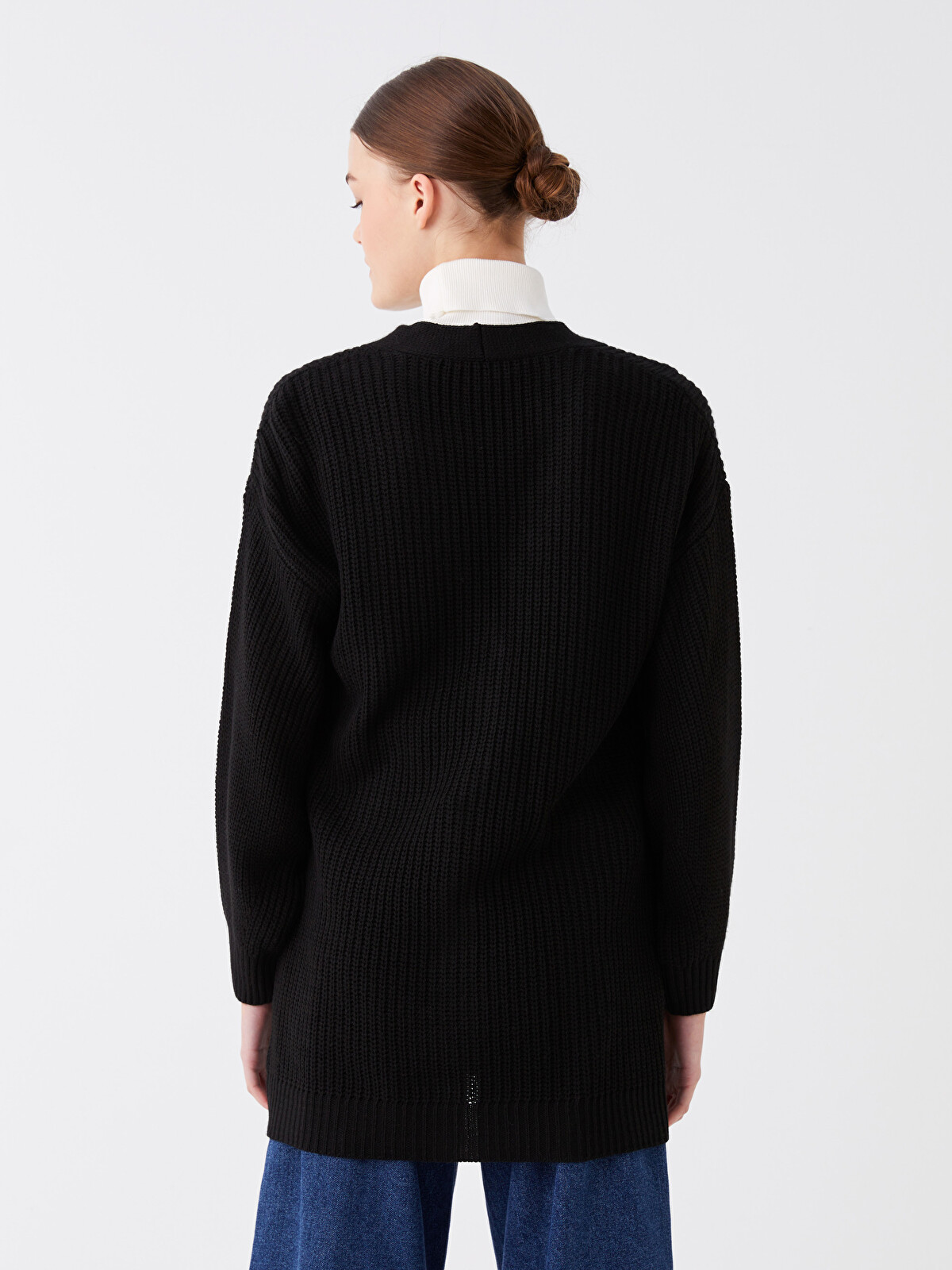 LCW Modest Siyah V Yaka Oversize Kadın Triko Hırka - W32776Z8-RQL