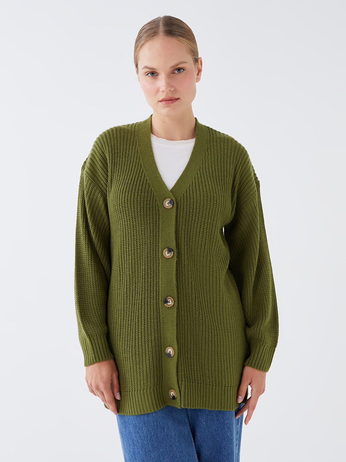 LCW Modest Haki V Yaka Oversize Kadın Triko Hırka - W32776Z8-V9Y | LCW