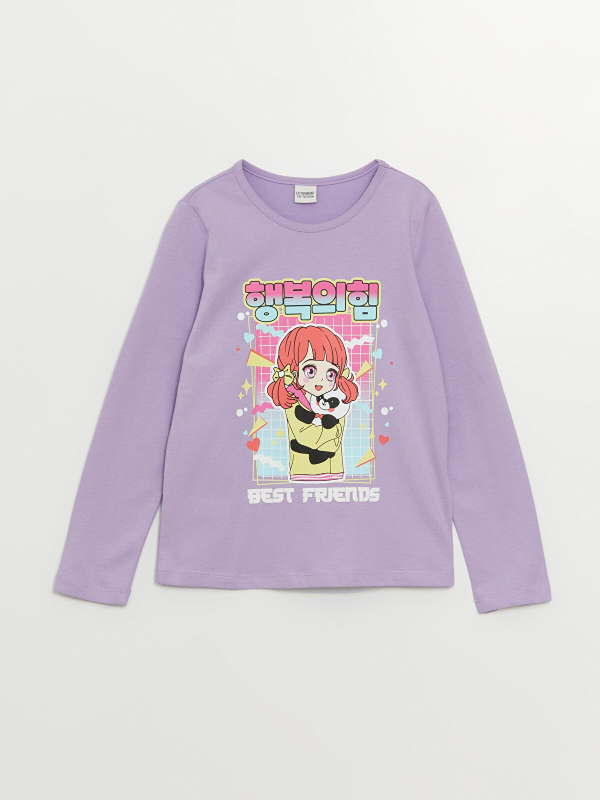 LCW Kids Lila Bisiklet Yaka Baskılı Uzun Kollu Kız Çocuk Tişört