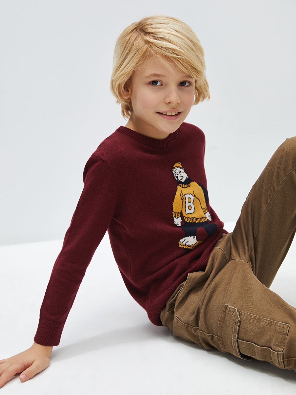 LCW Kids Bordo Bisiklet Yaka Desenli Uzun Kollu Erkek Çocuk Triko
