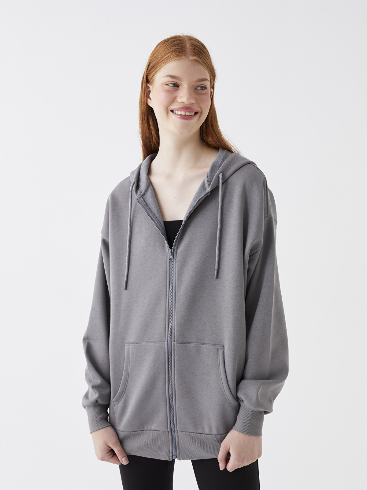 XSIDE Kapüşonlu Oversize Kadın Kalın Fermuarlı Sweatshirt