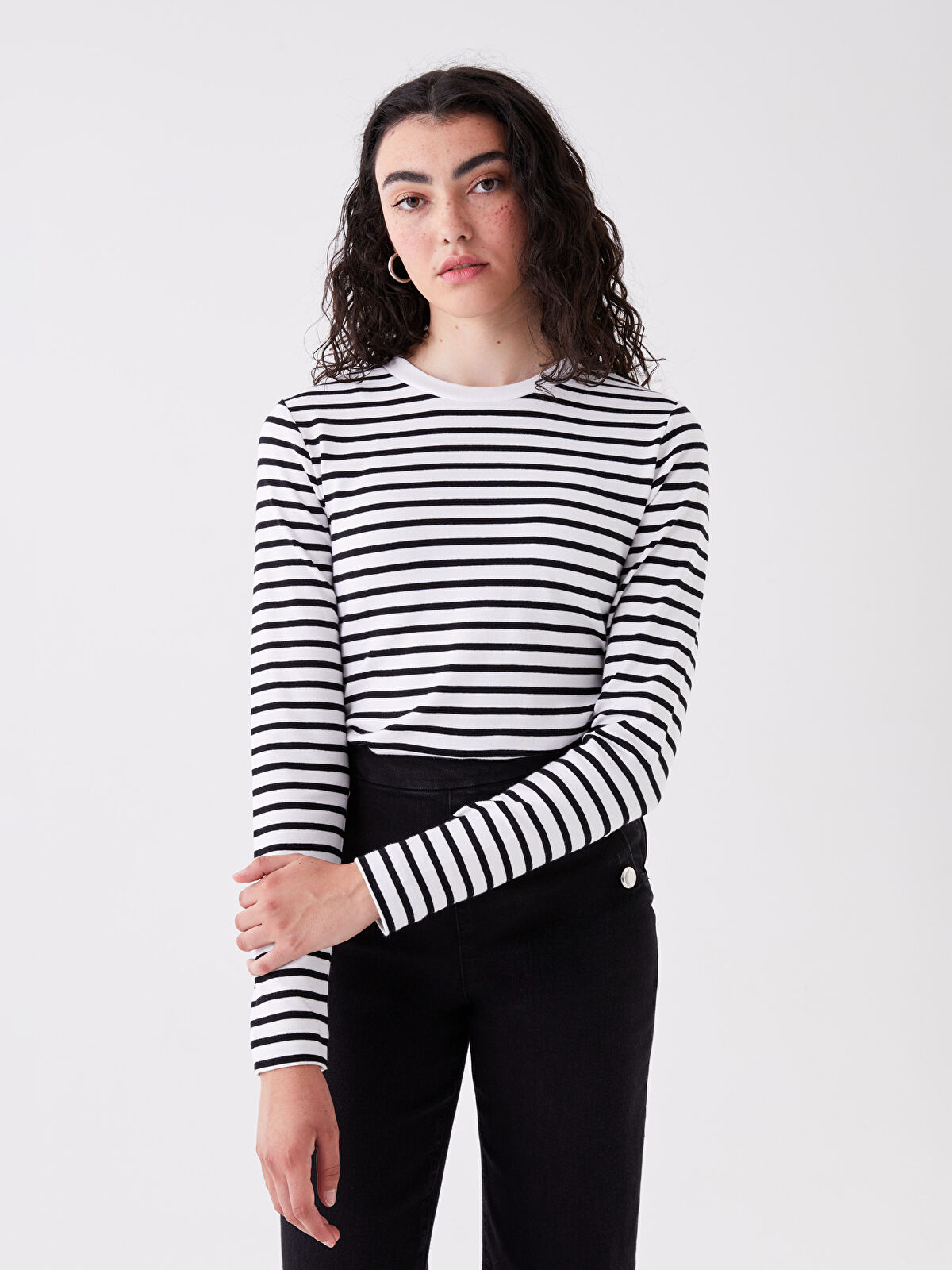 LCW Vision Bisiklet Yaka Çizgili Uzun Kollu Kadın Tişört