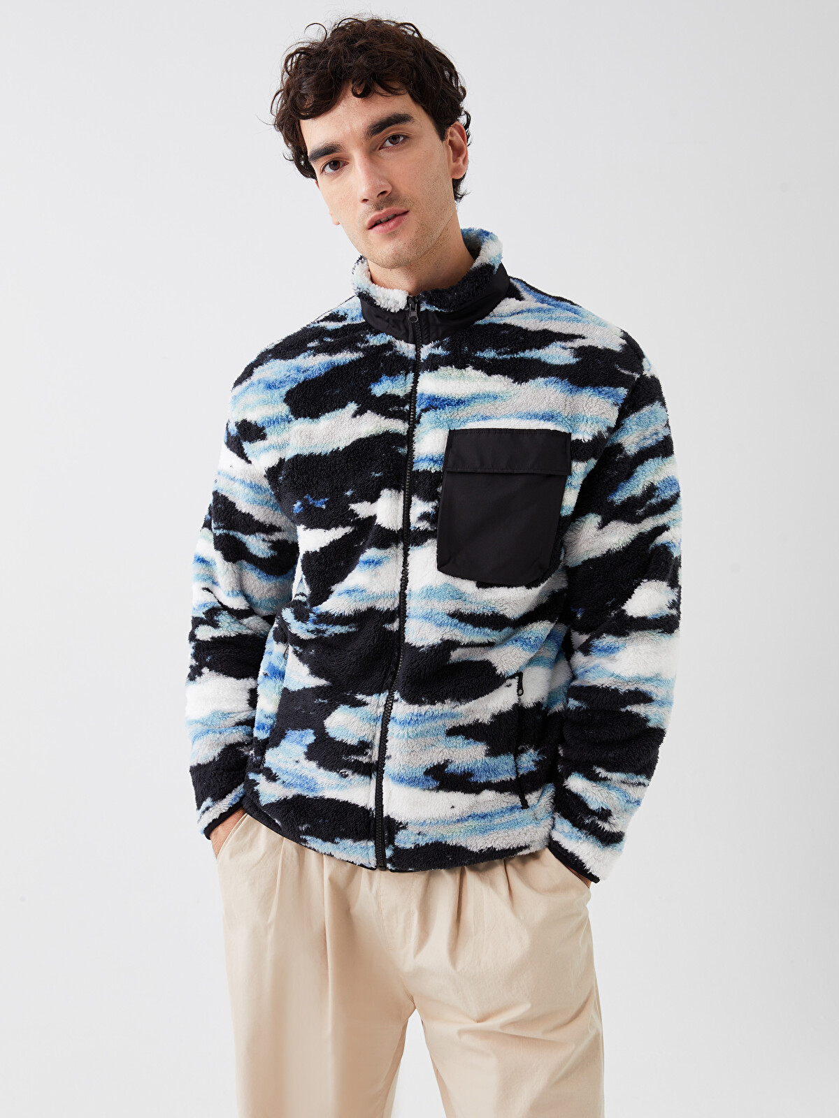 lundy様 XSIDE Dik Yaka Uzun Kollu Pelüş Erkek Fermuarlı Sweatshirt