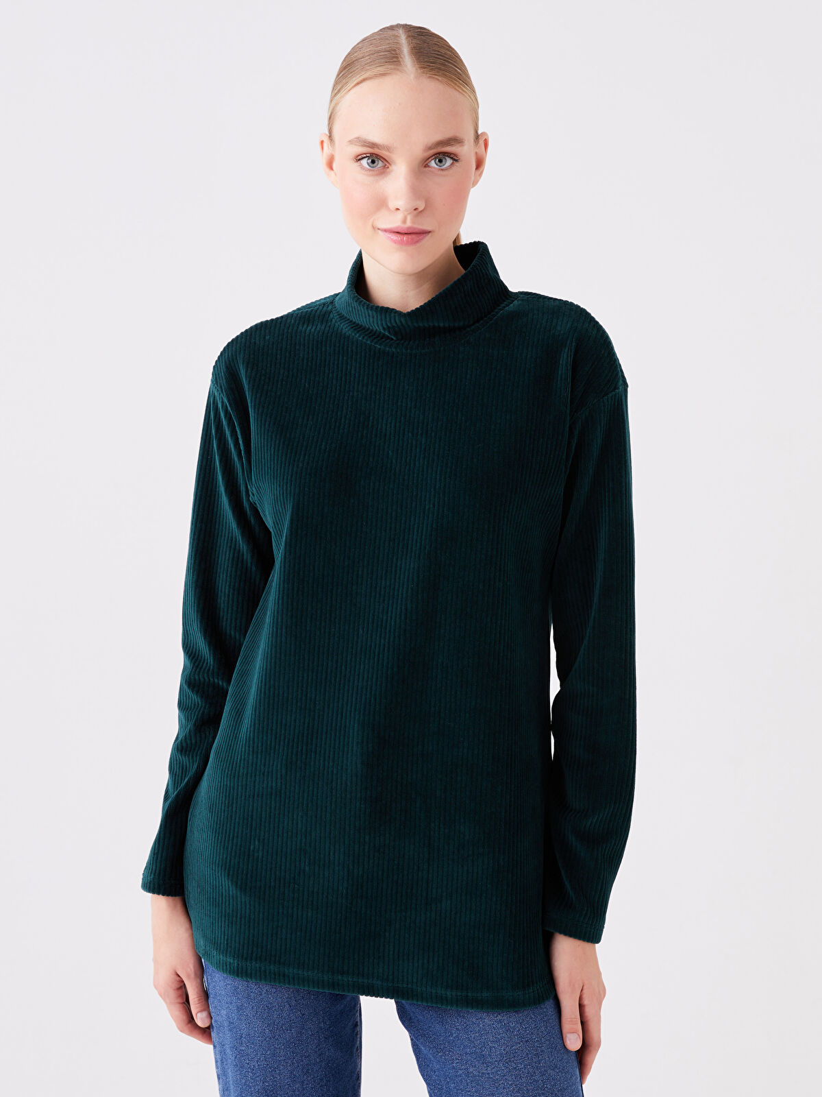 LCWAIKIKI Basic Yeşil Dik Yaka Düz Uzun Kollu Kadife Kadın Tunik