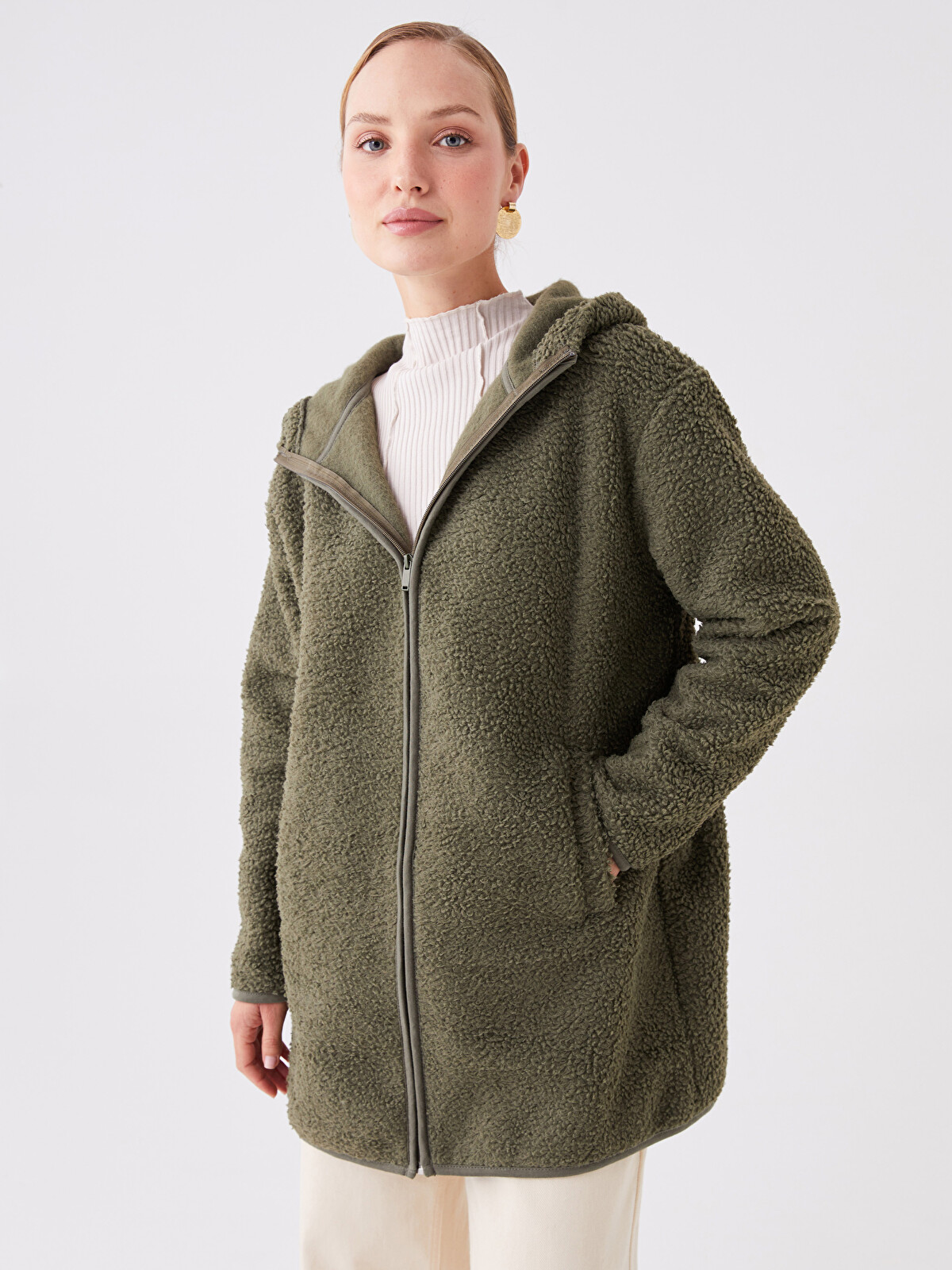 LCWAIKIKI Basic Haki Kapüşonlu Oversize Kadın Fermuarlı Sweatshirt