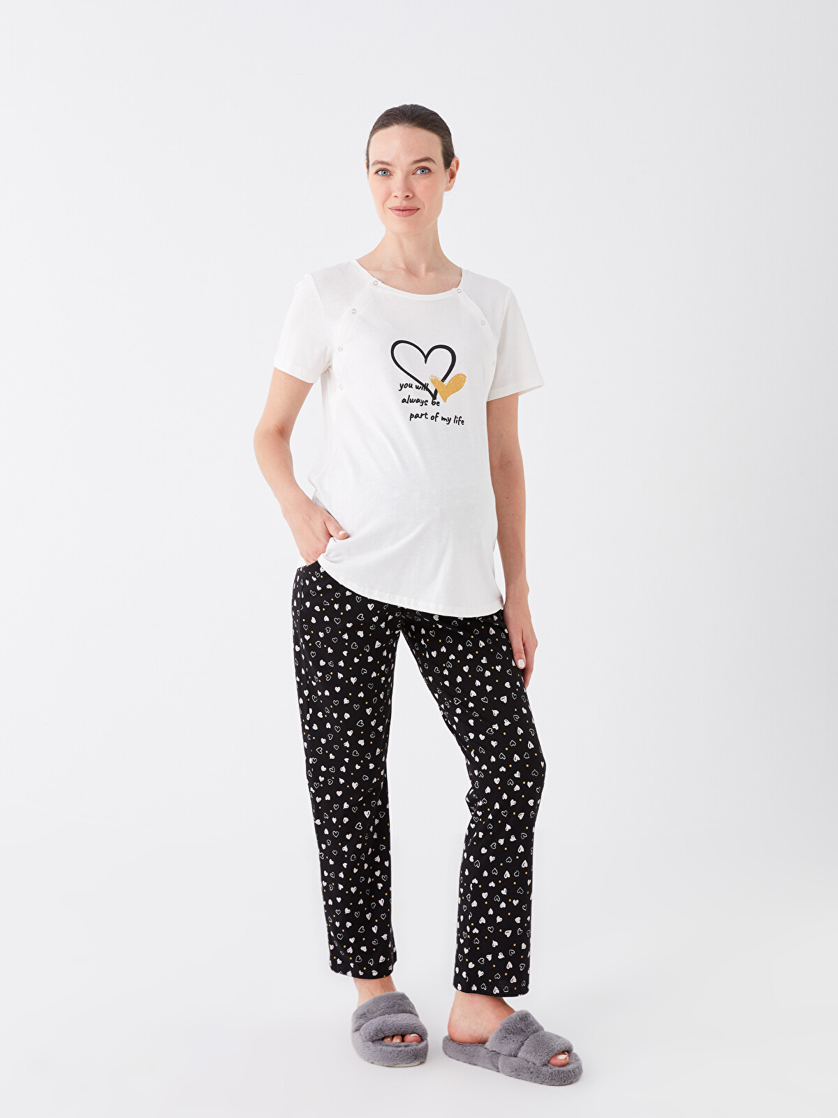 LCW DREAM Siyah Bisiklet Yaka Baskılı Kısa Kollu Hamile Pijama