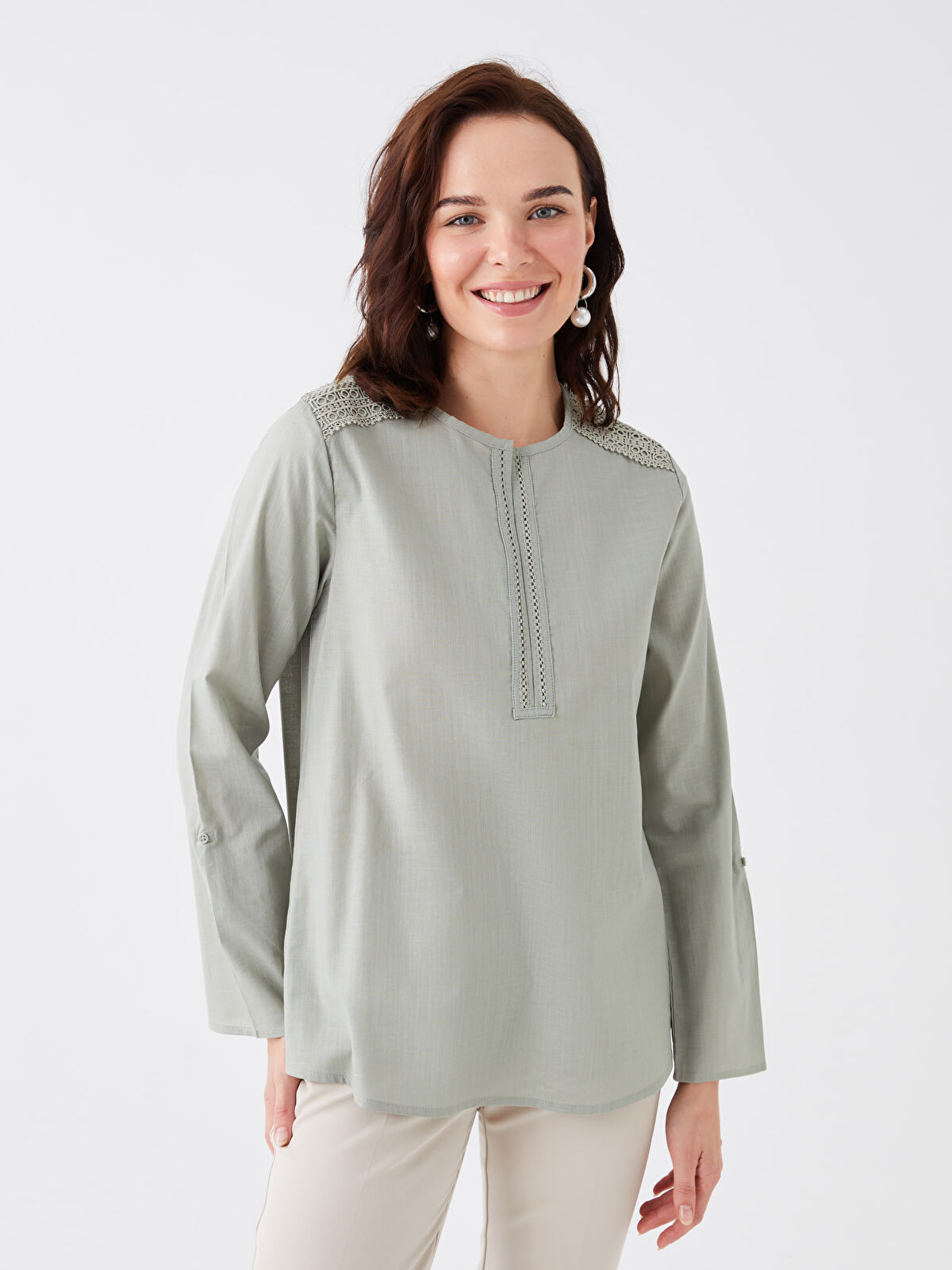 LC Waikiki Notch Neck Embroidered Long Sleeve Women's Blouse
