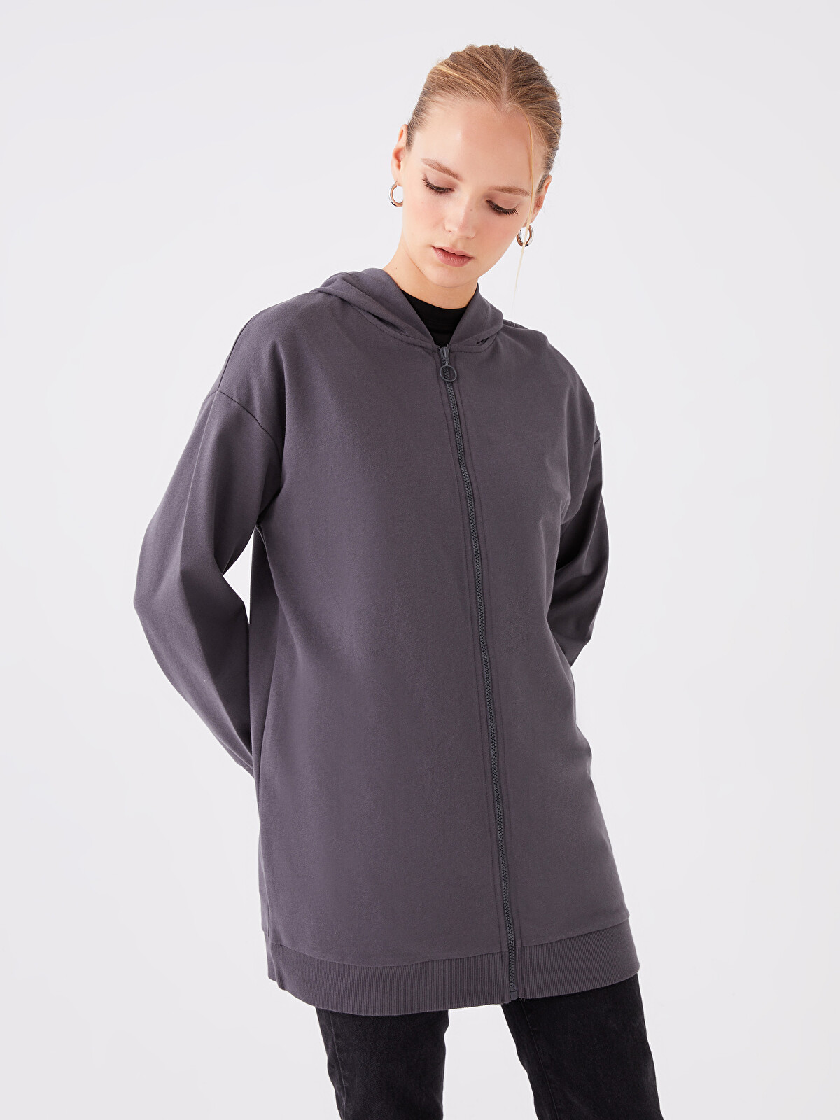 ゆるページ LCW Modest Kapüşonlu Oversize Kadın Fermuarlı Sweatshirt