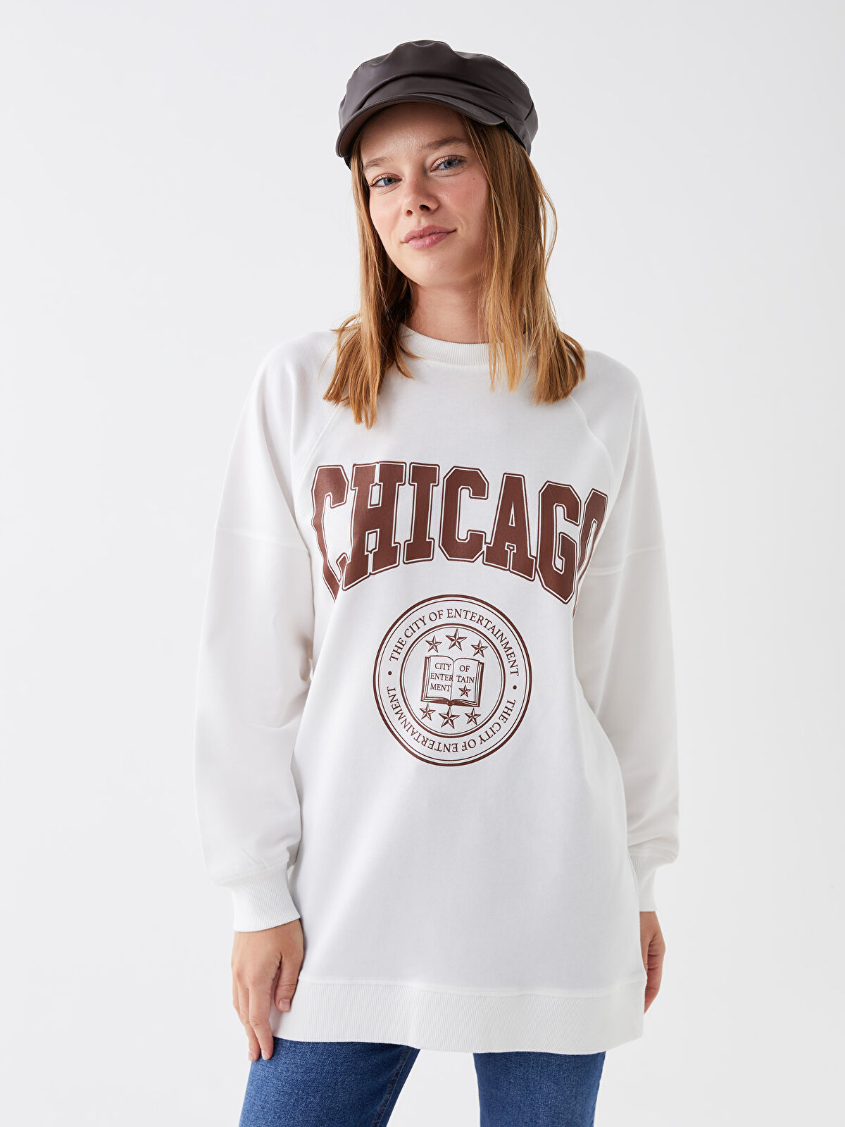 LCW Modest Crew Neck Printed Long Sleeve Oversize Women's