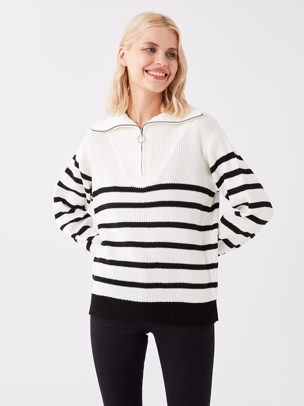 LCW Vision Funnel Neck Striped Women's Knitwear Sweater - W3AQ83Z8