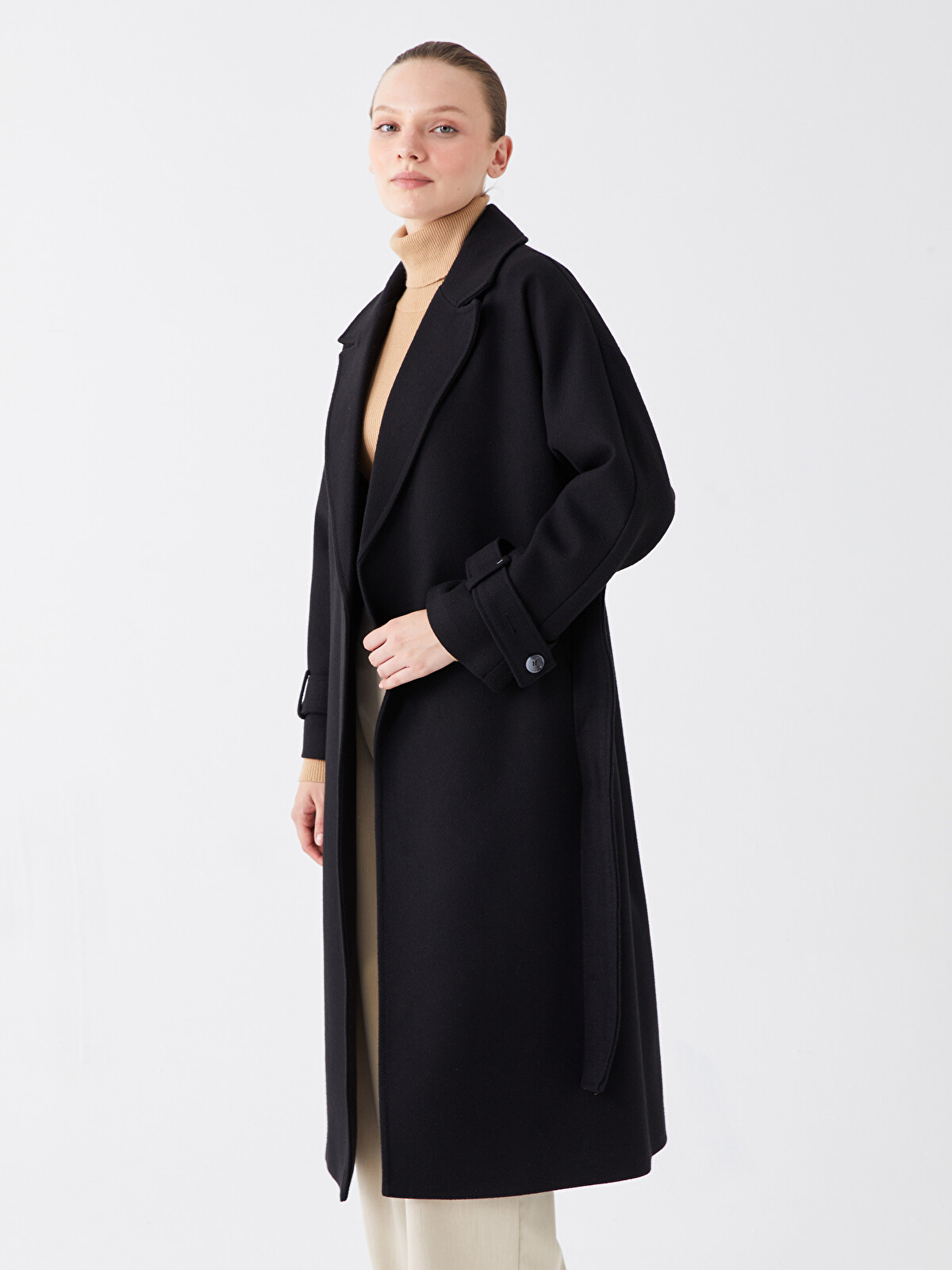 LCW Modest Siyah Ceket Yaka Kadın Kaşe Kaban - W3BD61Z8-RQL | LCW